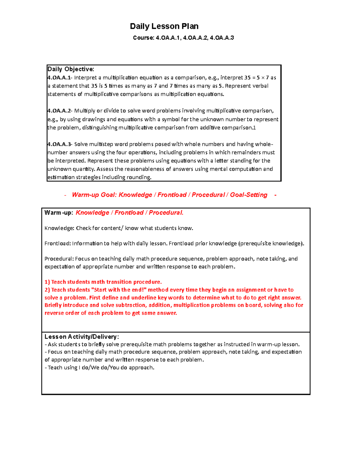 4th Math 4.OA - Daily Lesson Plan for Multiplicative Comparisons - Studocu