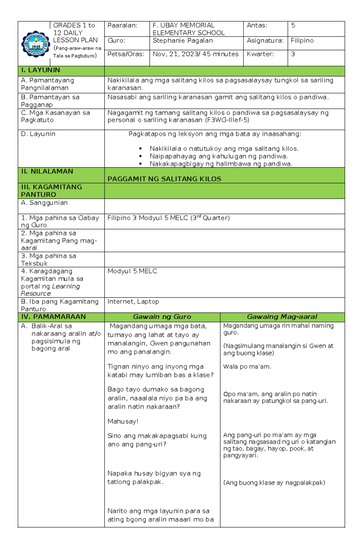 DLP-1 - For guiding in making lesson plan - GRADES 1 to 12 DAILY LESSON ...