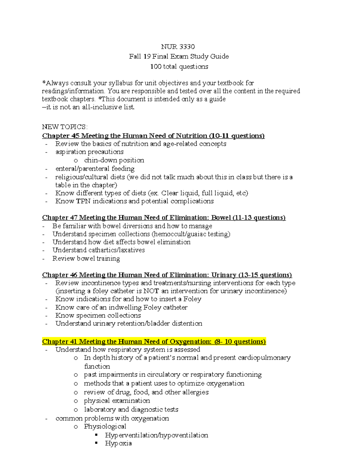 NUR 3330 PNP Final Exam Fall 2019 Blueprint & Study Guide - Studocu