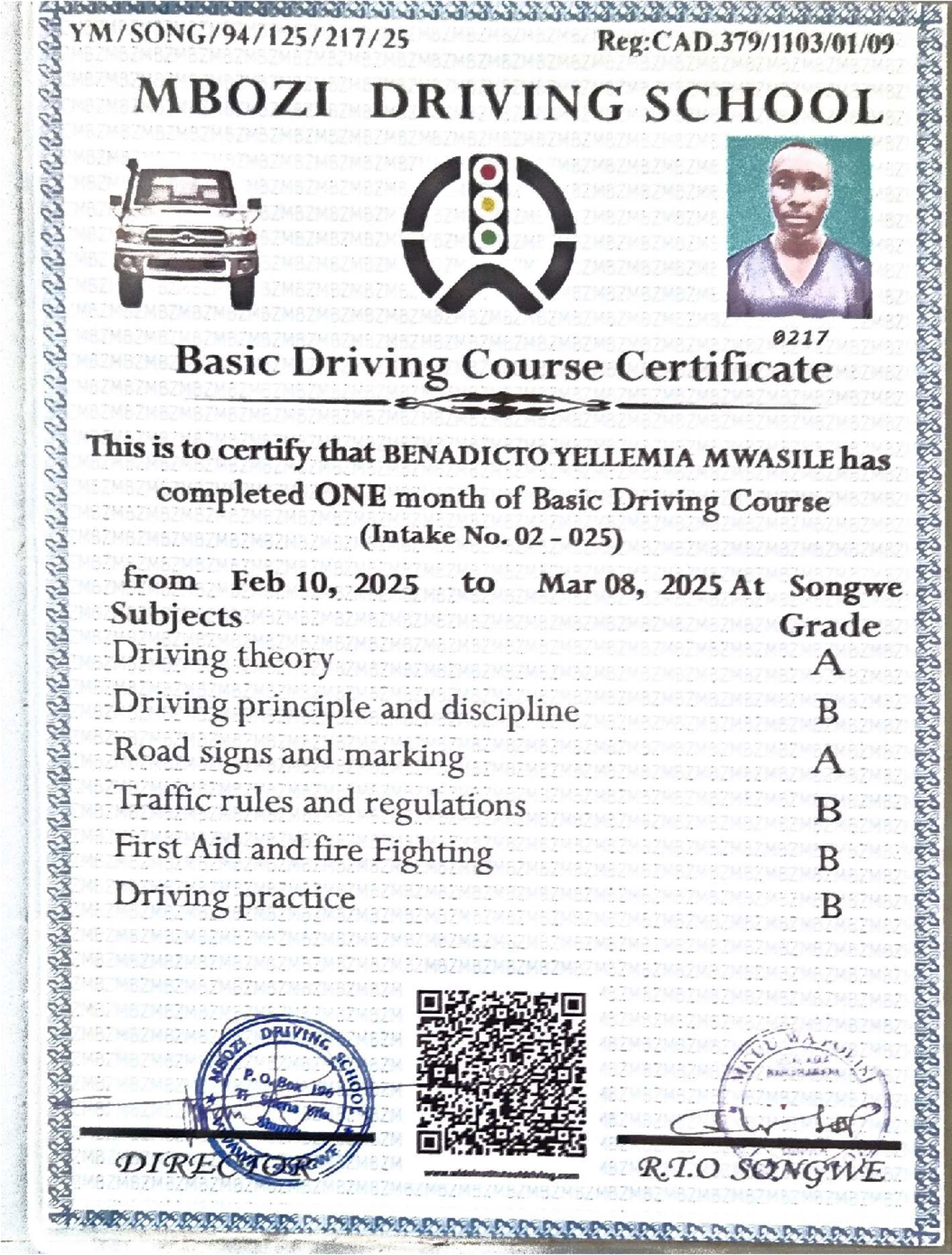 MBOZI DRIVING SCHOOL 0217 Basic Driving Course Certificate - Studocu