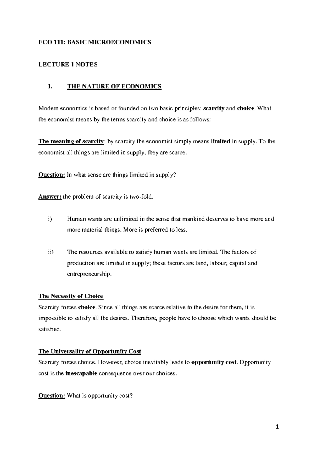ECO 111: Lecture 1 Notes on Scarcity and Choice in Microeconomics - Studocu