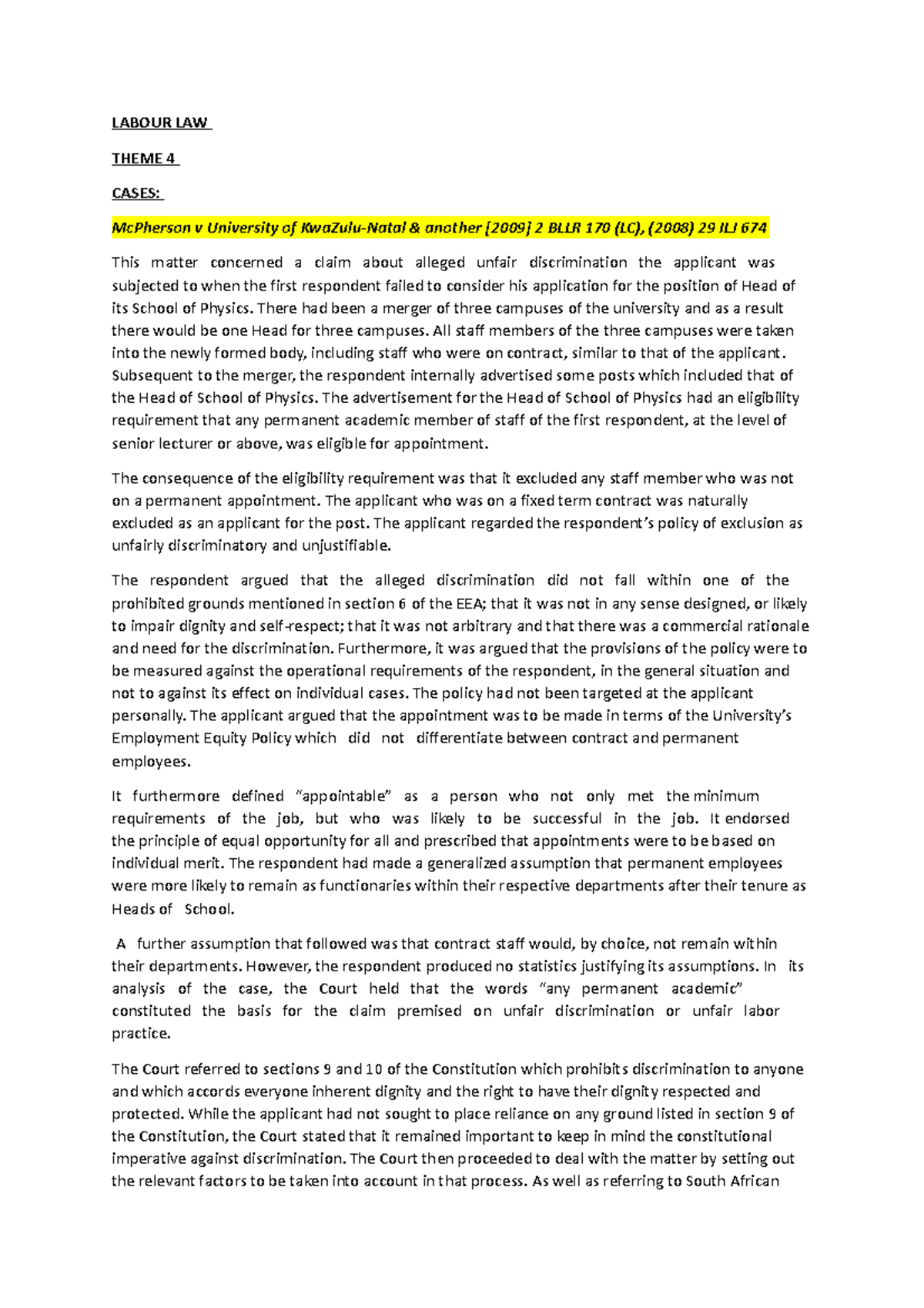 Labour Law Theme 4: Case Summaries & Analysis on Discrimination Issues ...
