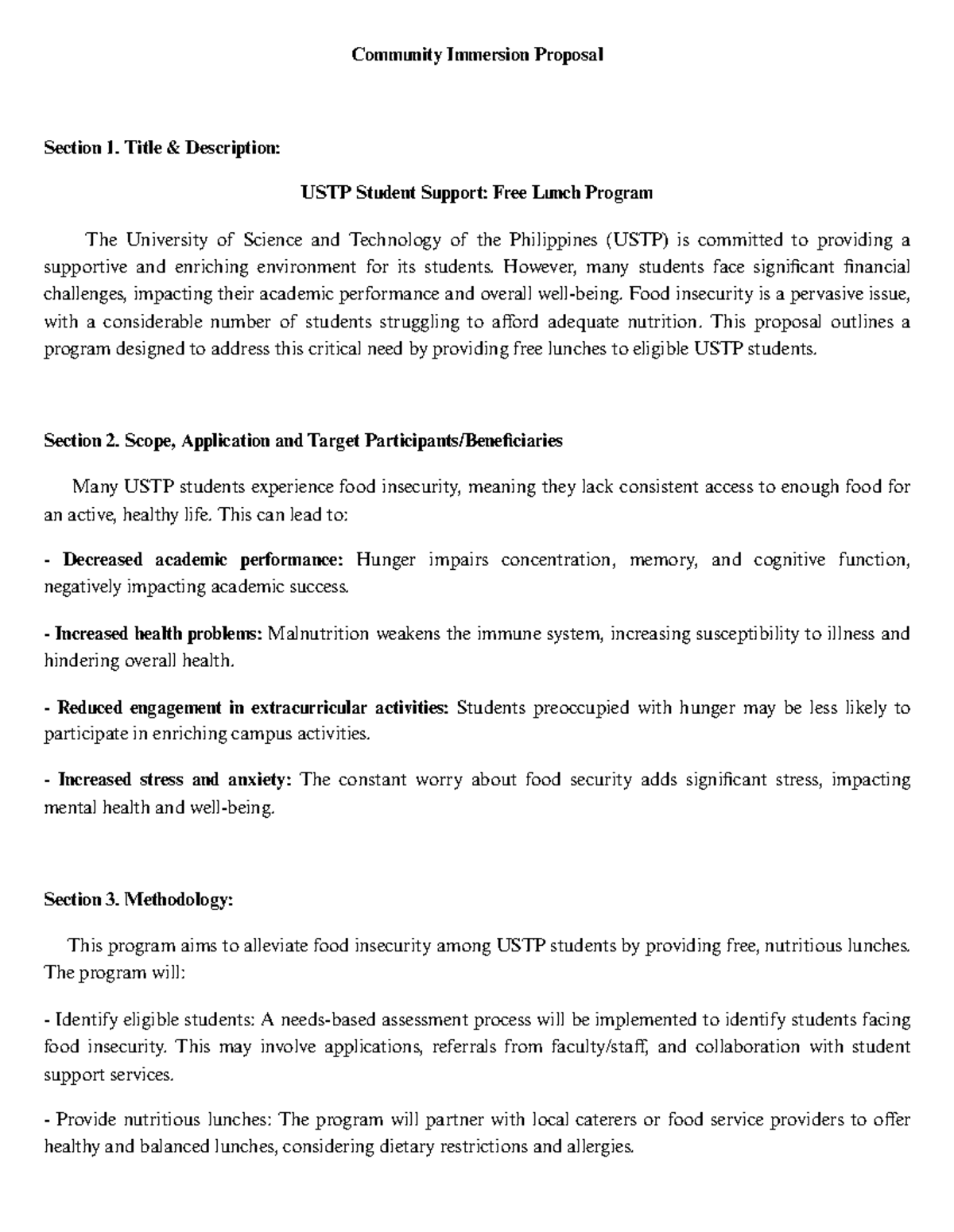 USTP Community Immersion Proposal: Free Lunch Program Details - Studocu