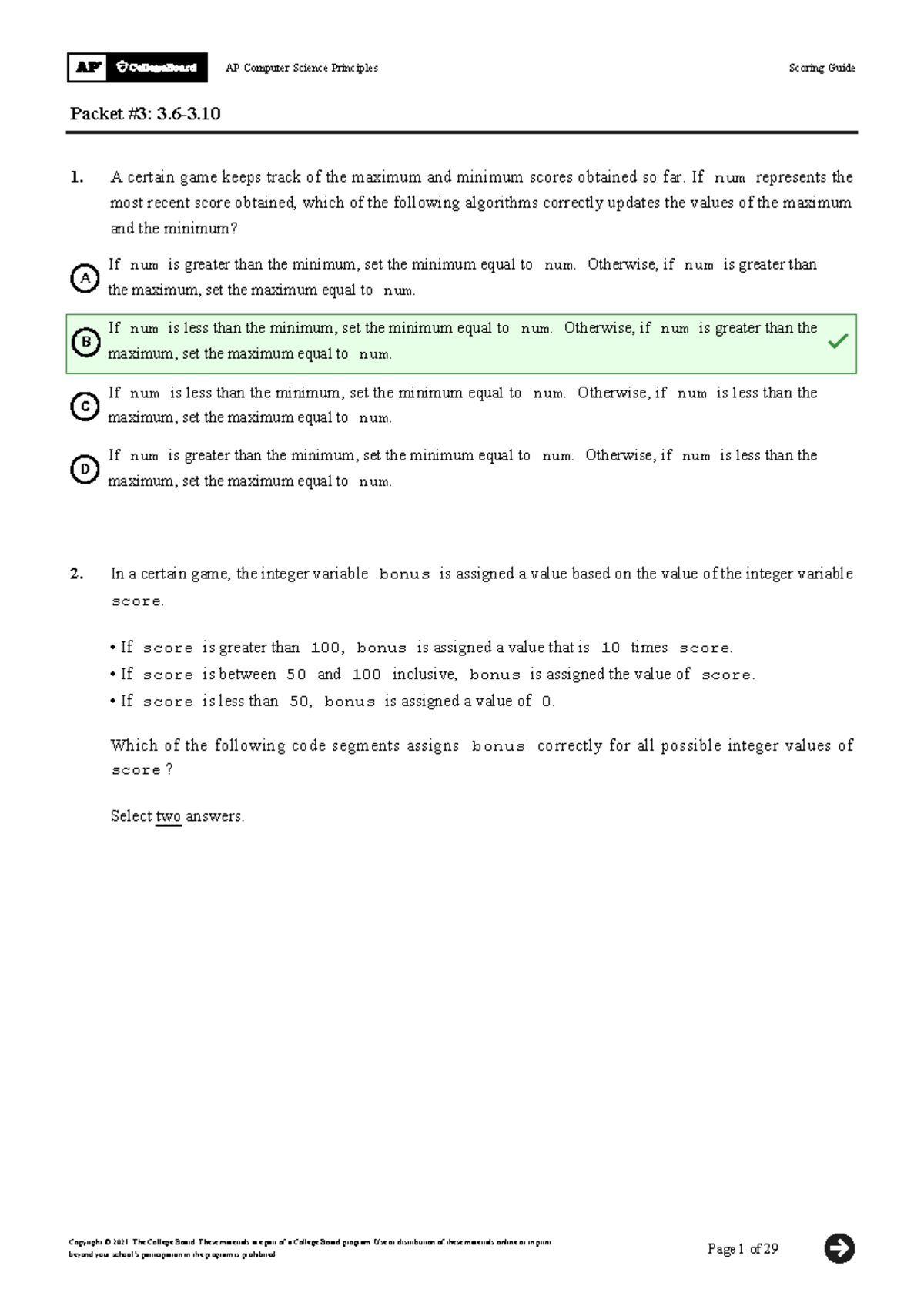 AP Computer Science Principles Scoring Guide Packet 1 - Test Answers ...