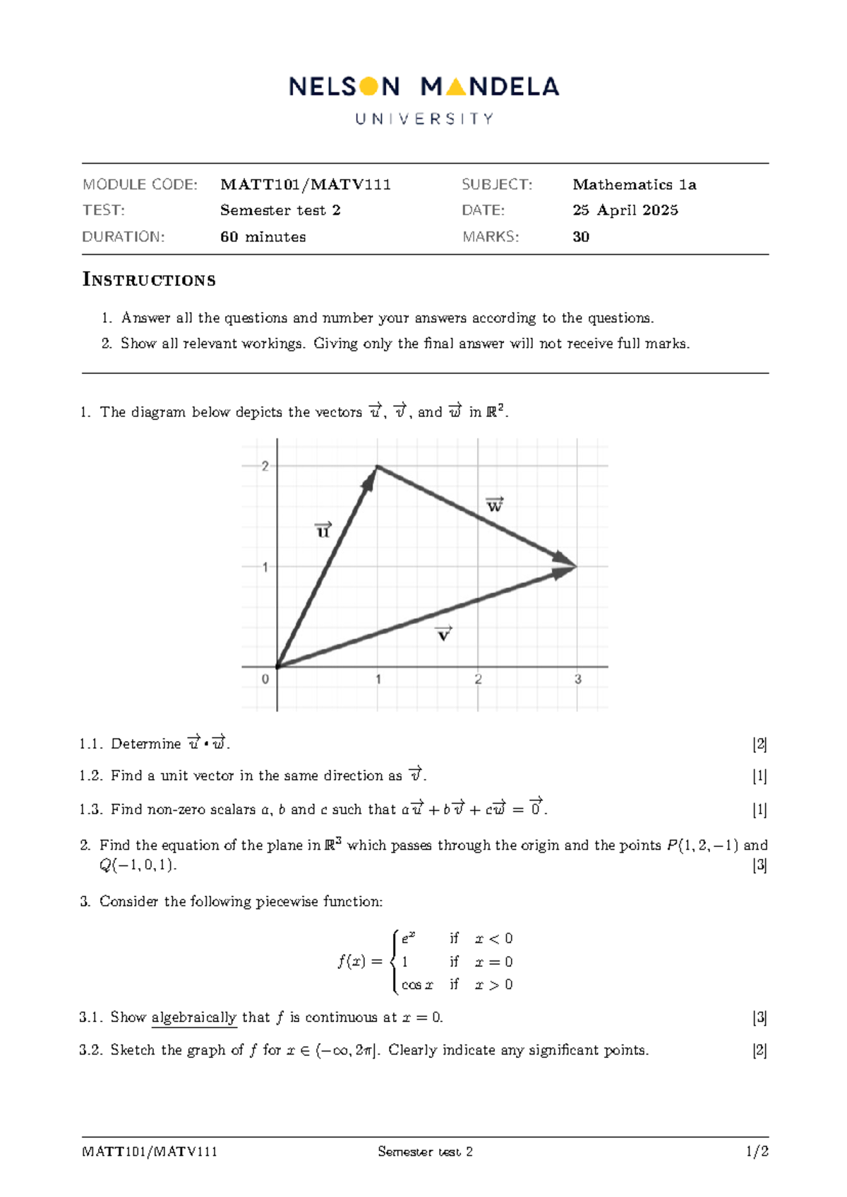 MATT101 MATV111 Semester Test 2: Mathematics 1a Solutions - Studocu