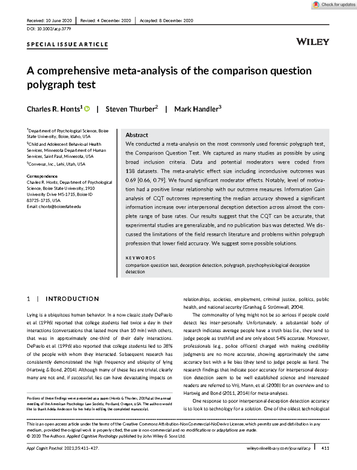 Applied Cognitive Psychology - 2020 - Honts - Comprehensive Meta ...