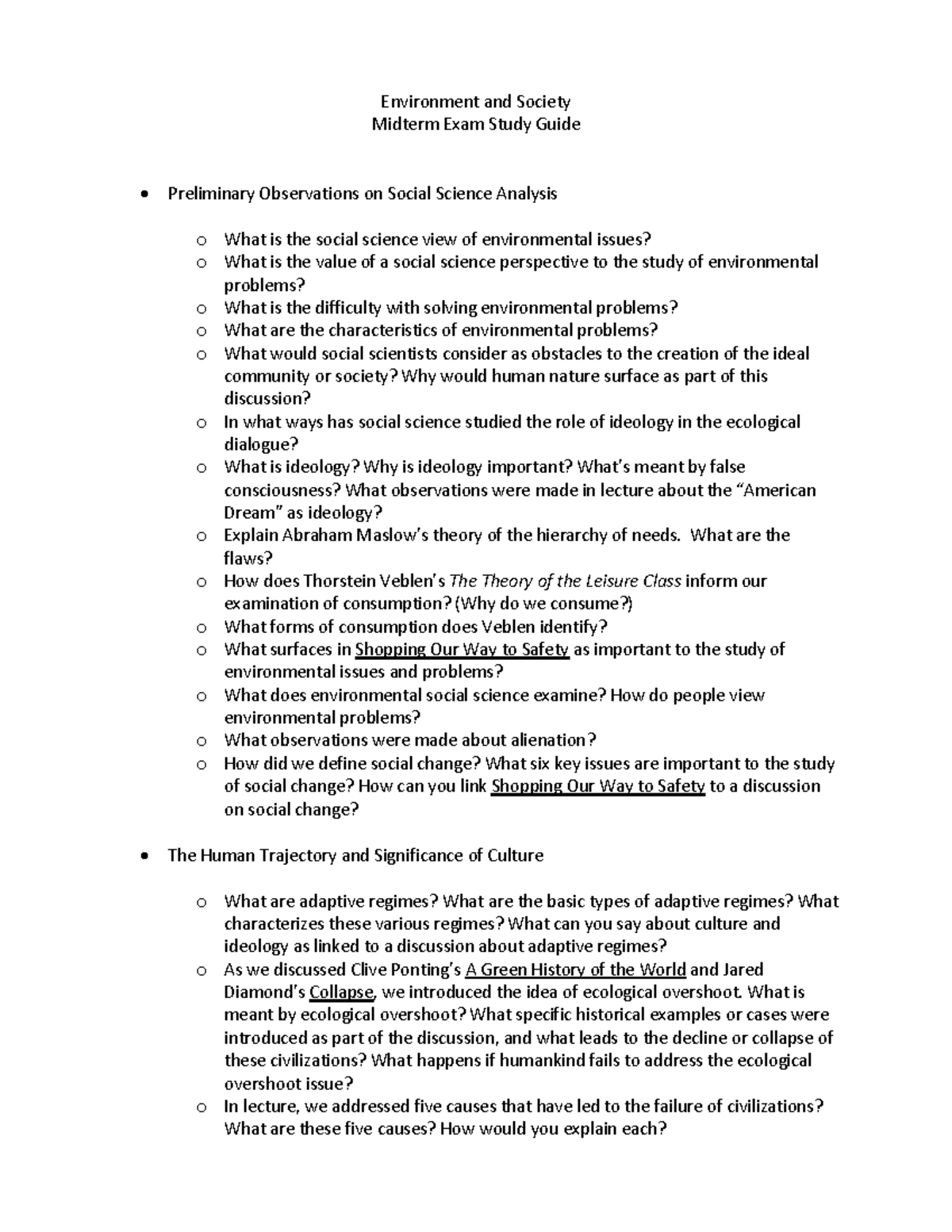 Environment and Society (ENV 101) Midterm Exam Study Guide - Studocu