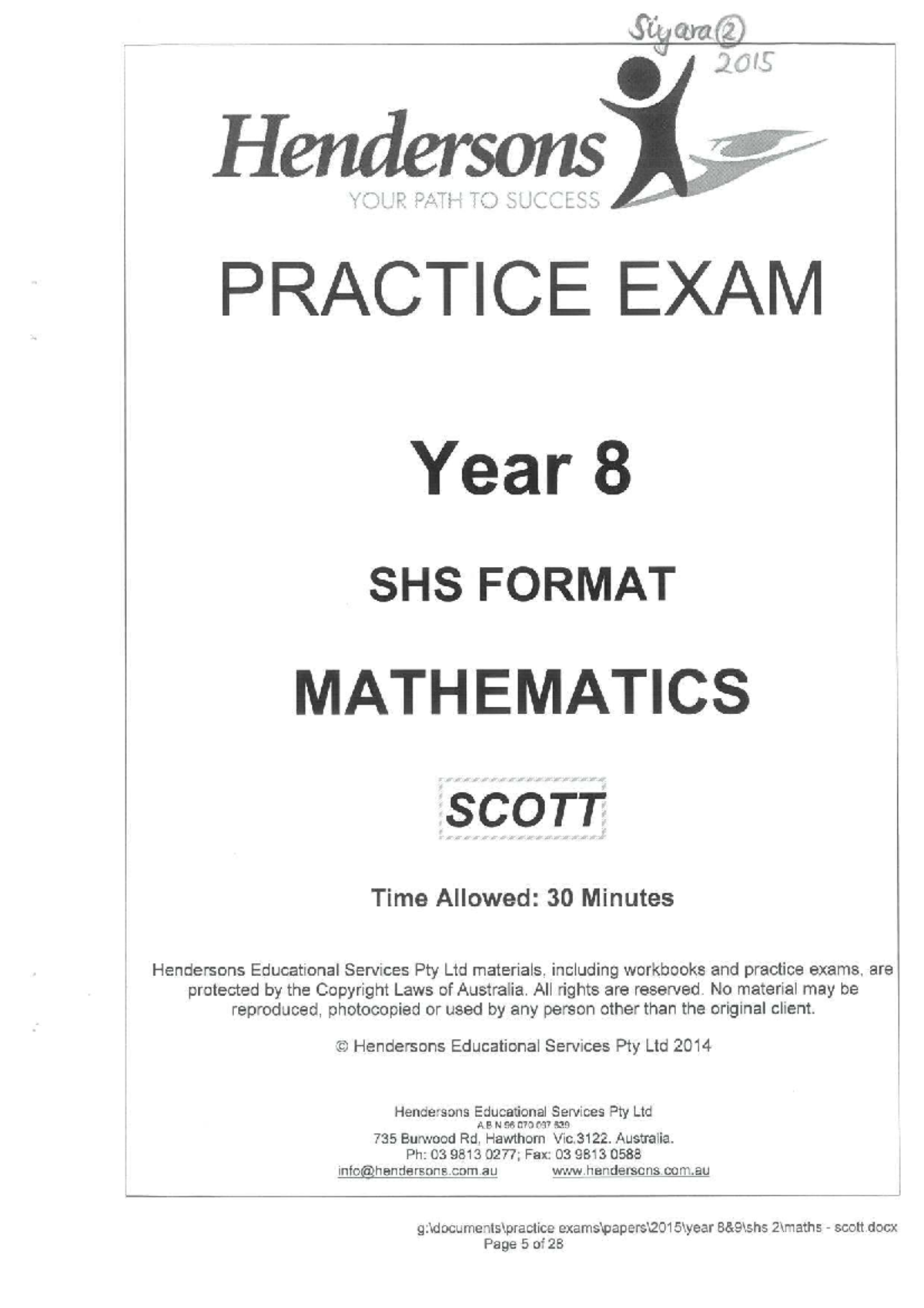 Year 8 Mathematics Practice Exam (Scott) - 30 Minutes - Studocu