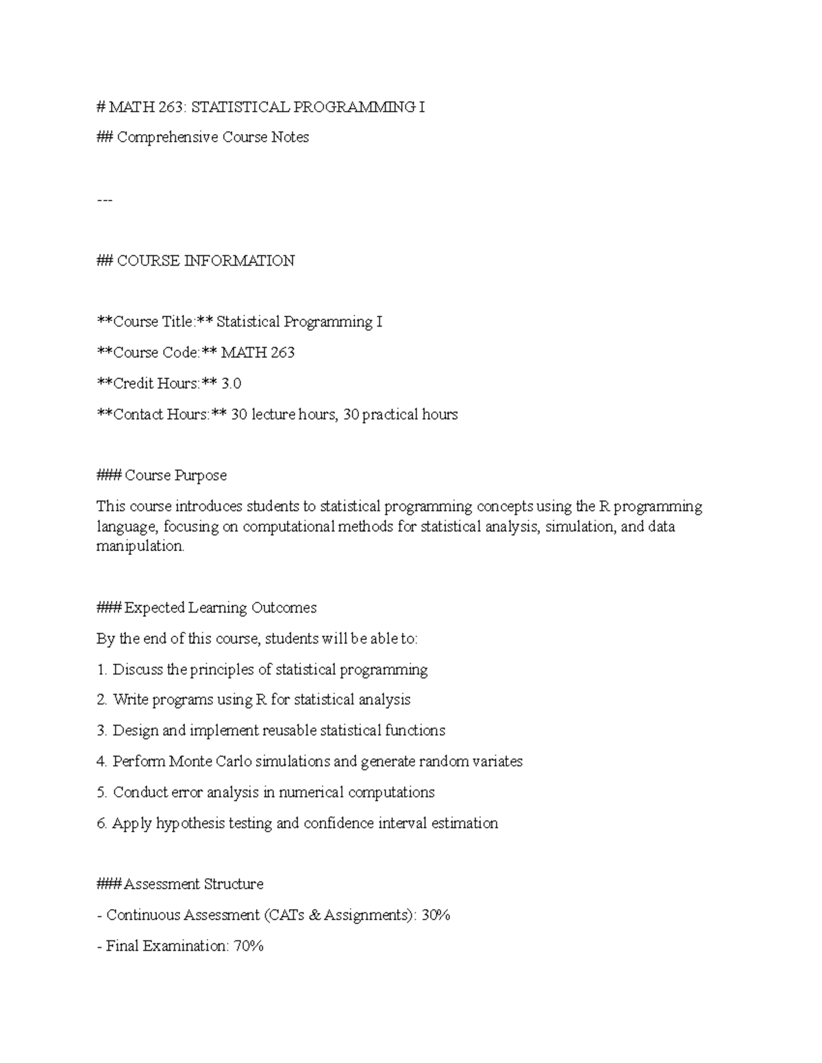 MATH 263: Comprehensive Notes on Statistical Programming I - Studocu