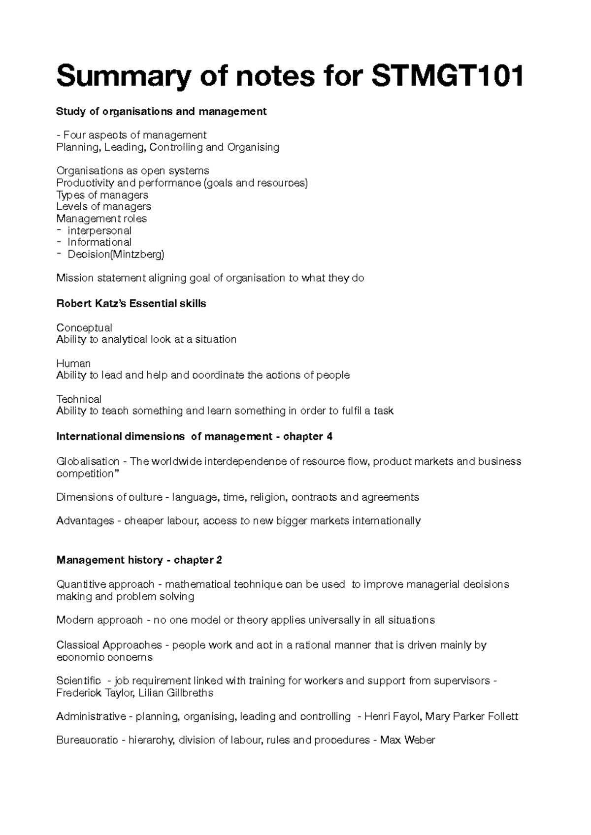 Final Exam Review Notes for STMGT101: Management Principles and ...