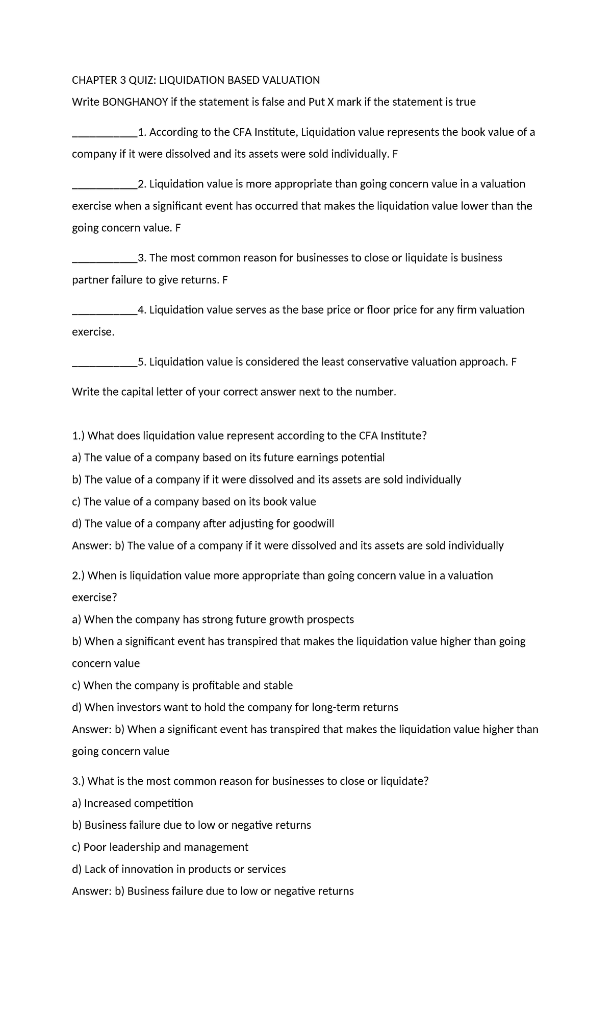 CHAPTER 3 QUIZ: LIQUIDATION VALUE AND VALUATION CONCEPTS - Studocu