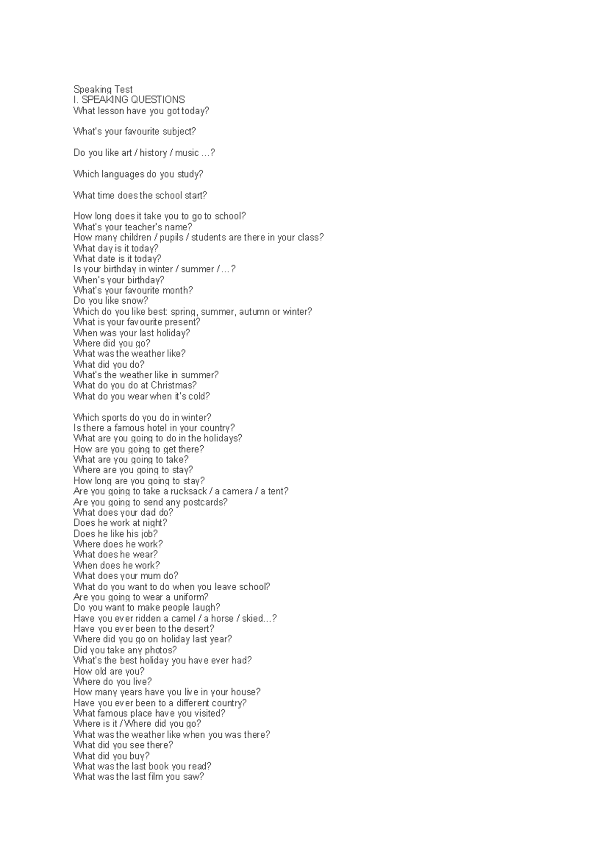 Speaking Test I - Questions for Practice - Studocu