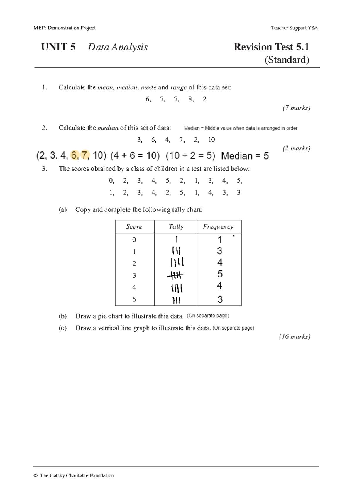 Unit 5 Data Analysis Revision Test (Y8A) - Questions & Tasks - Studocu