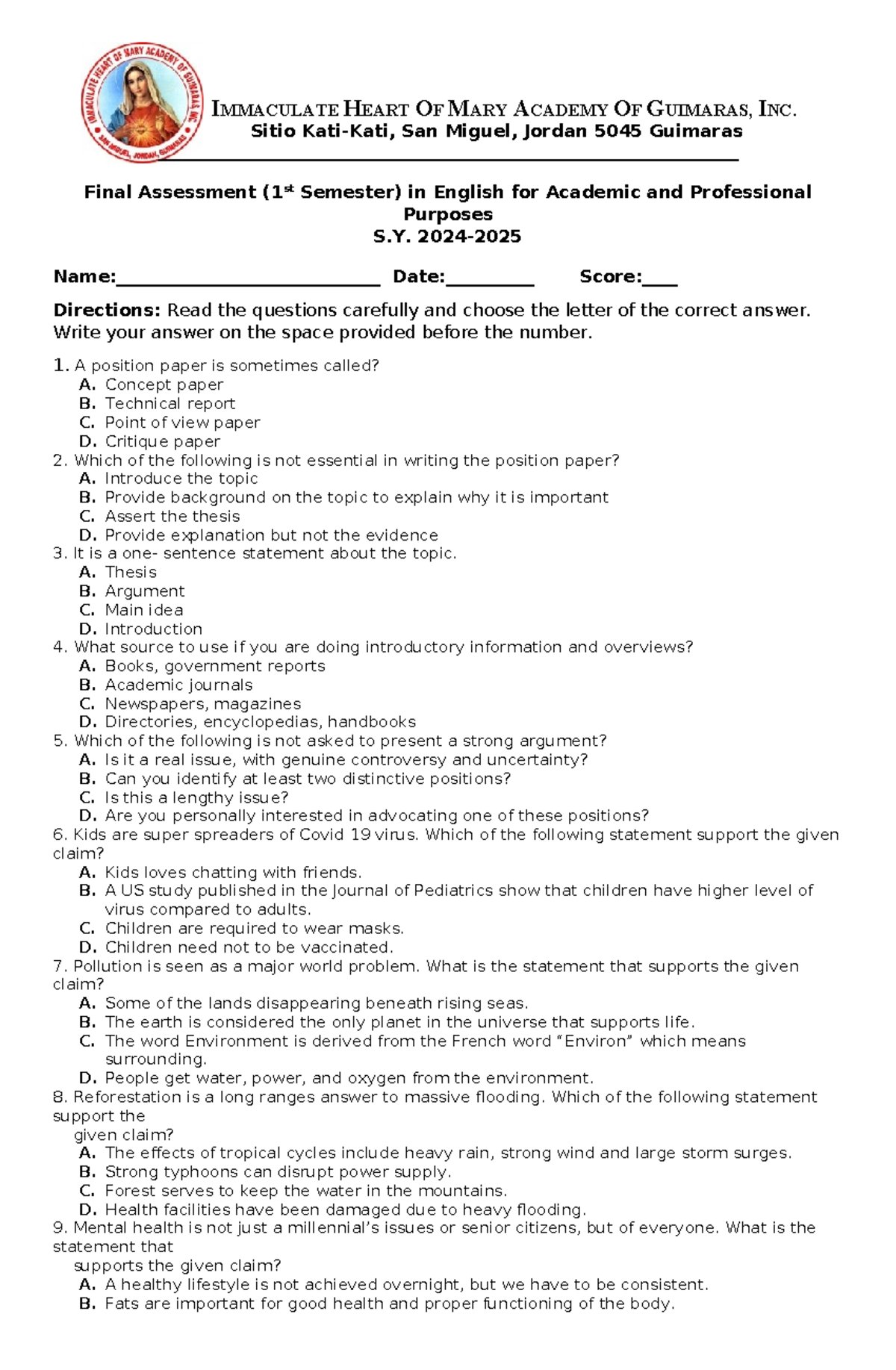 Grade 11 - Final Assessment in English for Academic and Professional ...