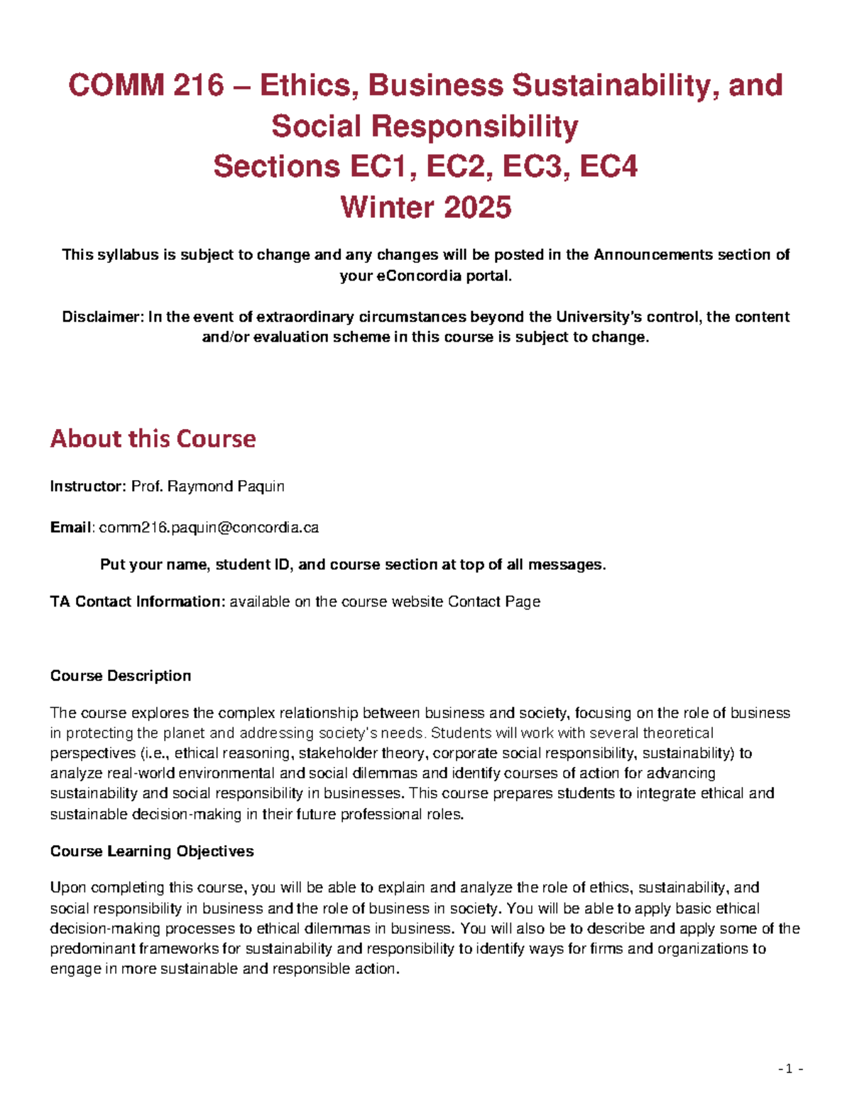 COMM 216 - Ethics and Sustainability Course Outline for Winter 2025 ...