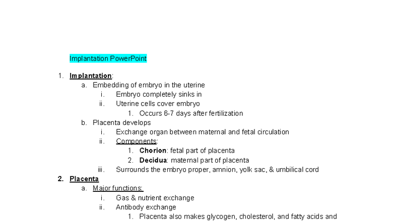 Embrology Test 2 Notes: Implantation & Fertility Cycle Insights - Studocu