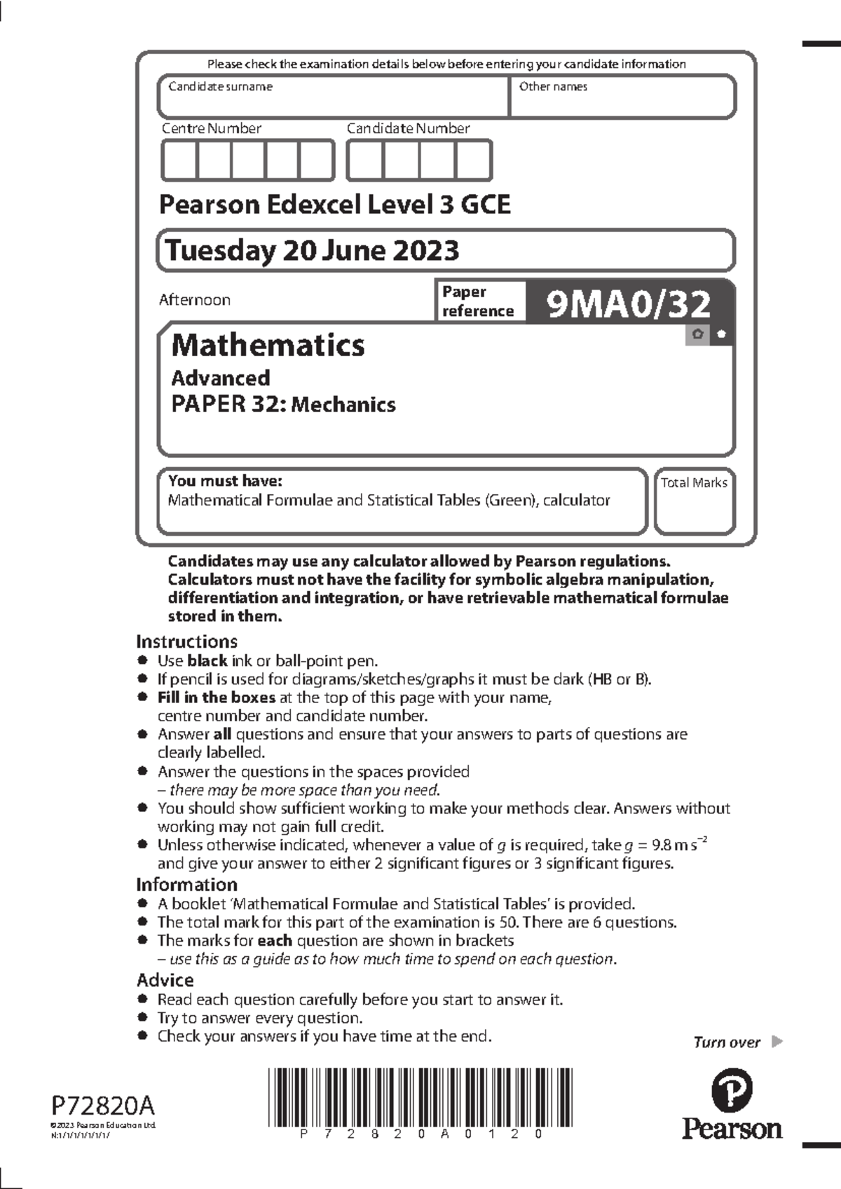 A Level Mathematics Mechanics Paper 32 Exam Details - June 2023 - Studocu