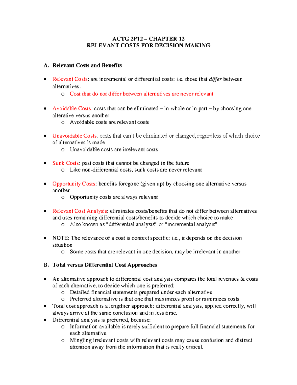 ACTG 2P12 CHAPTER 12 RELEVANT COSTS FOR DECISION MAKING NOTES - Studocu