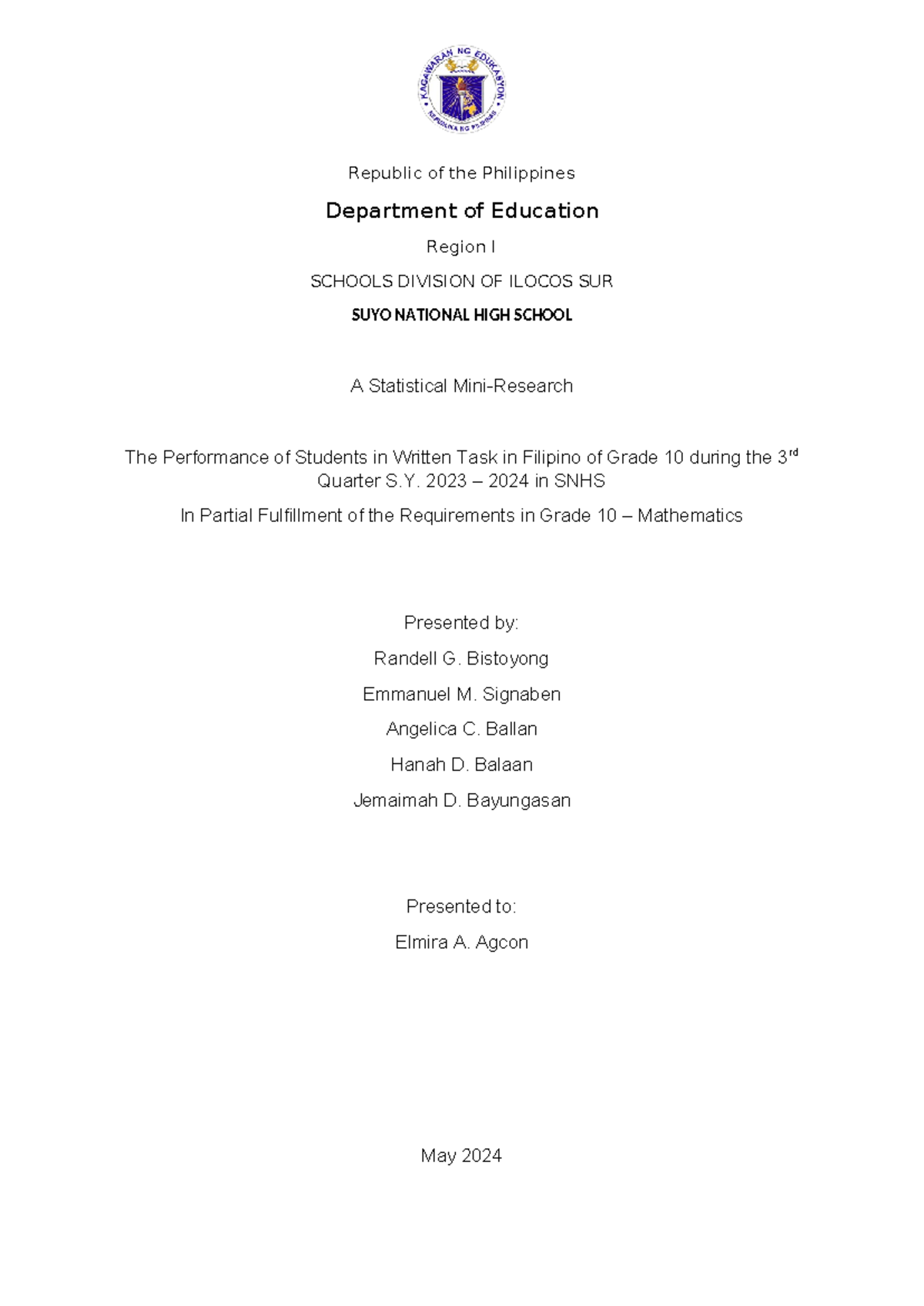 Grade 10 - Mathematics Mini Research on Student Performance in Filipino ...