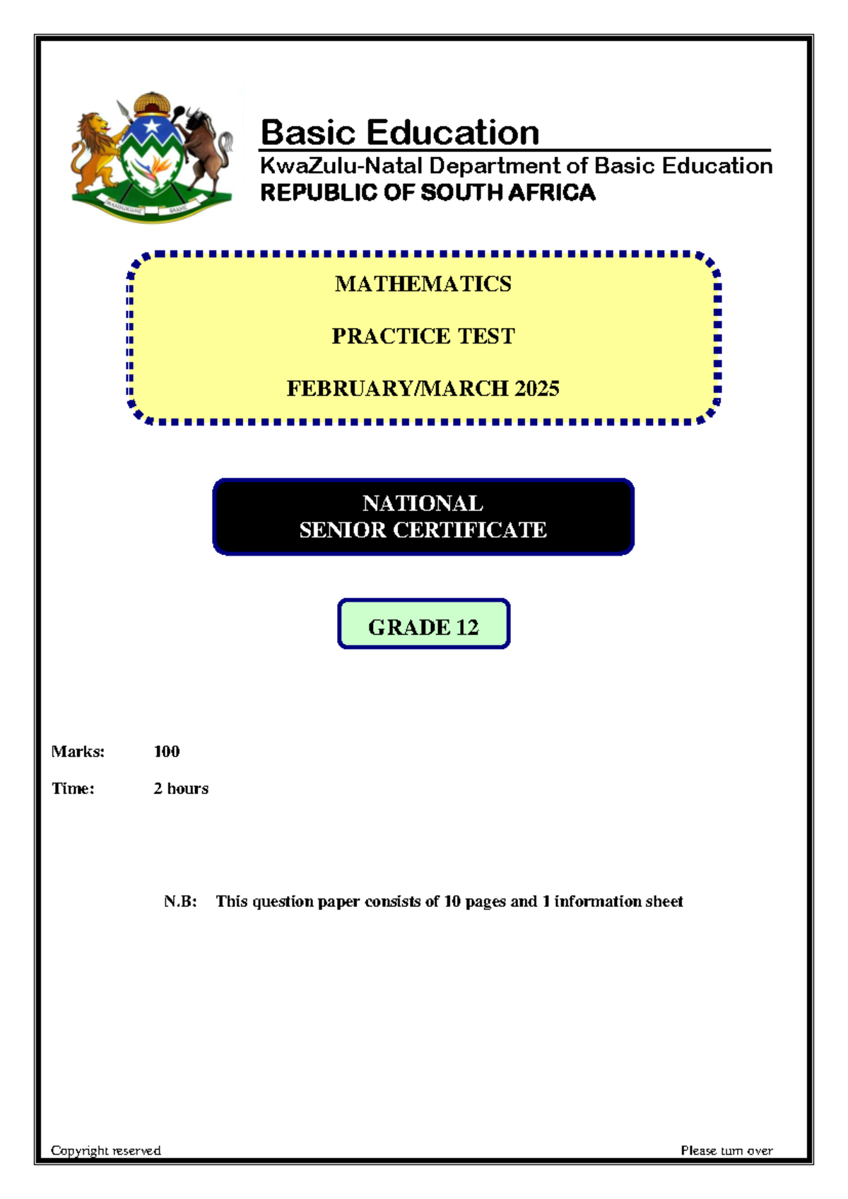 Mathematics Practice Test NSC-KZN February/March 2025 - Studocu