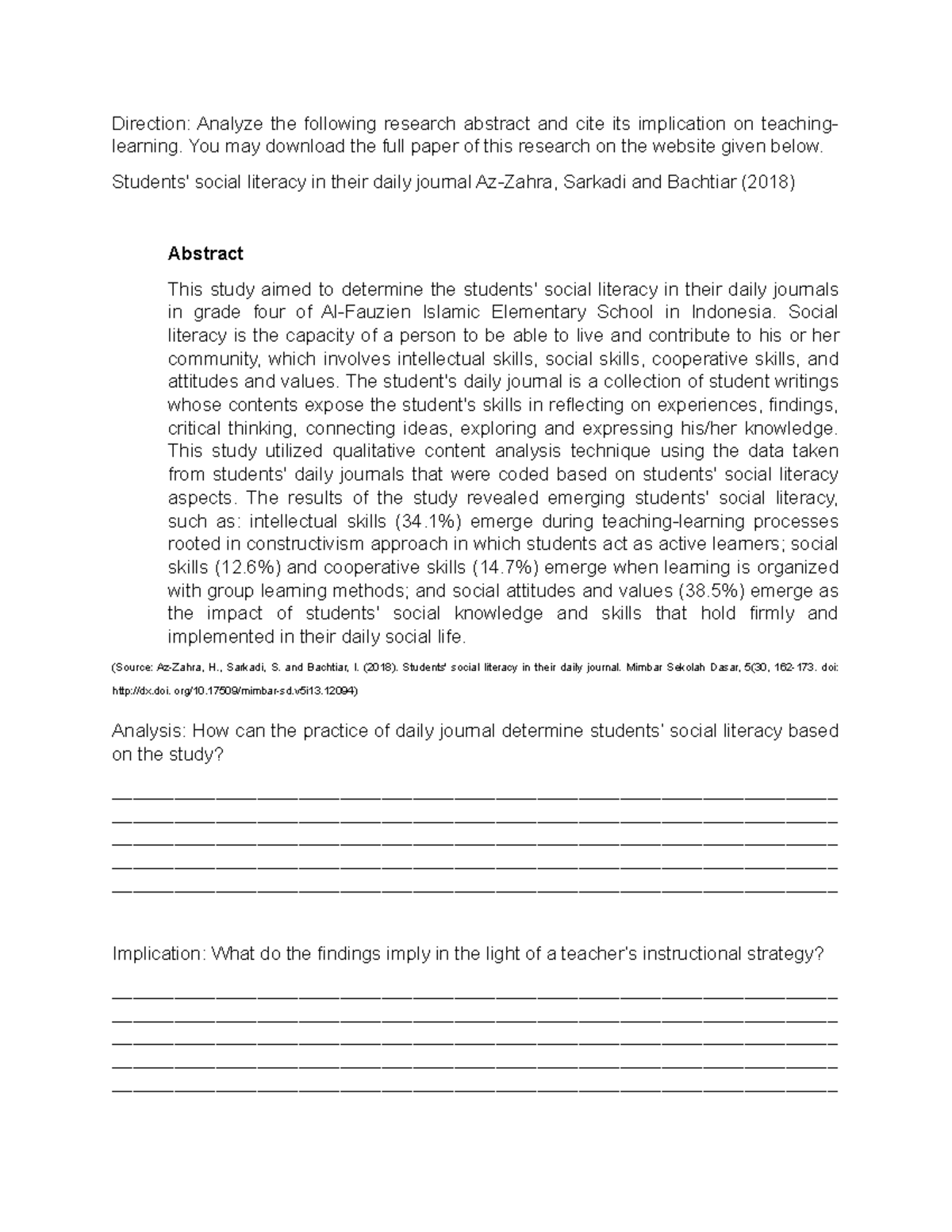 Assignment: Analyzing Social Literacy in Daily Journals (EDU 301) - Studocu