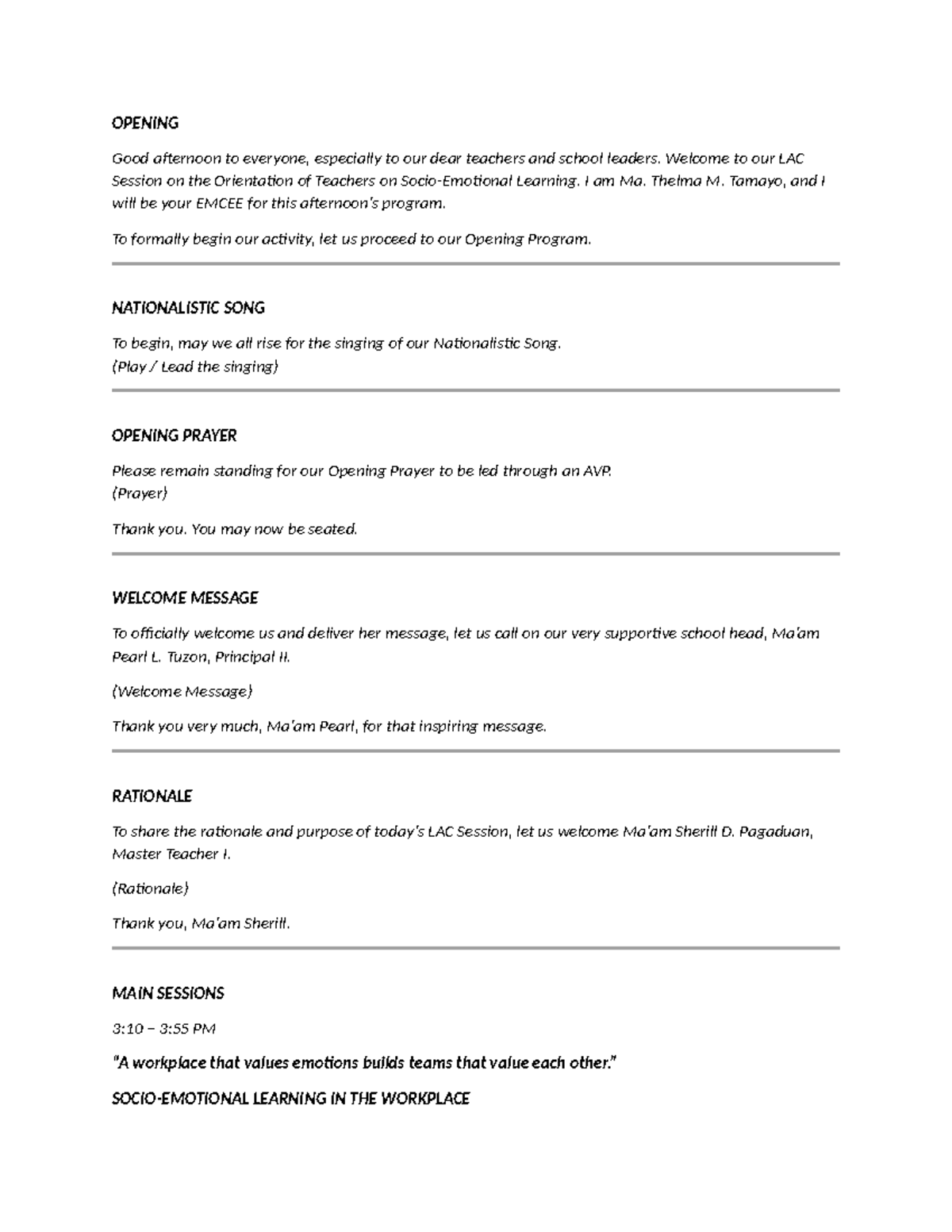 LAC Session Orientation Script for Teachers - EMCEE Notes - Studocu