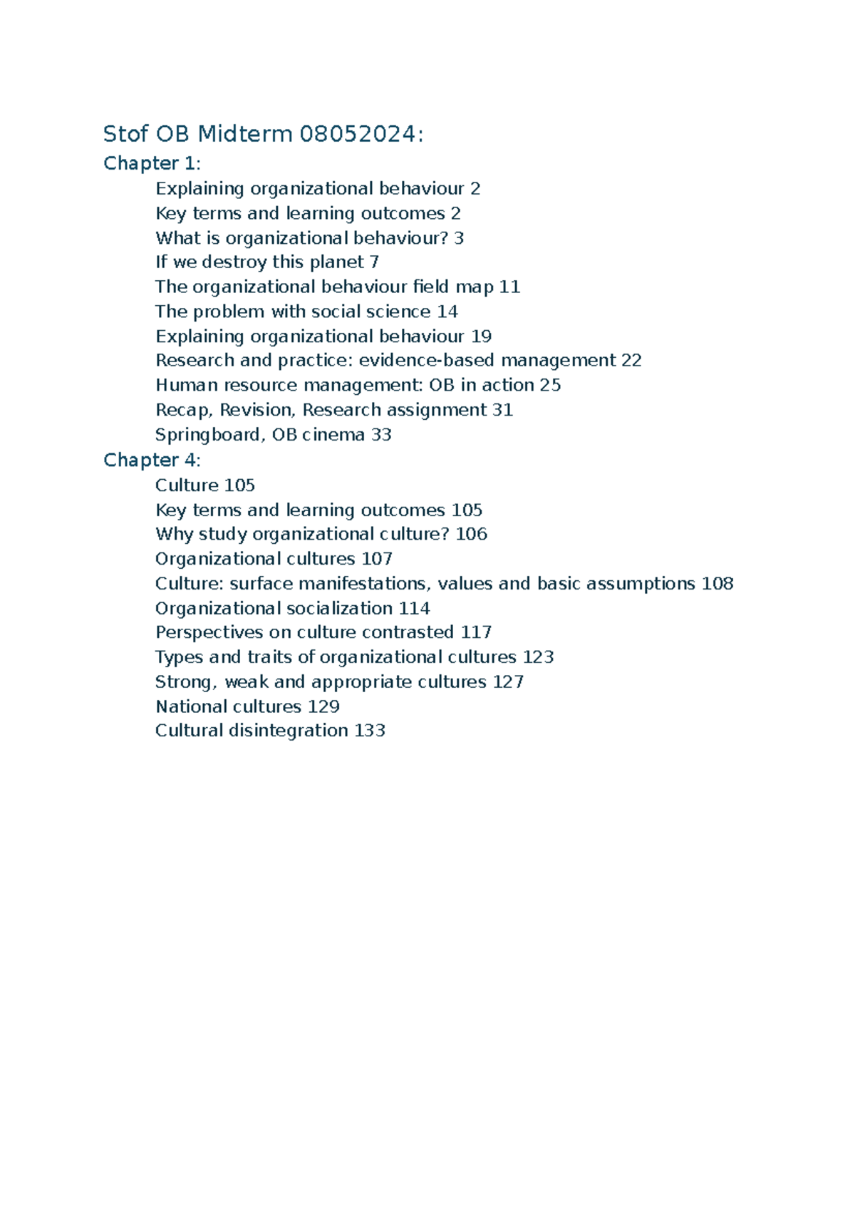 Stof OB Midterm Study Guide: Key Topics & Learning Outcomes - Studeersnel
