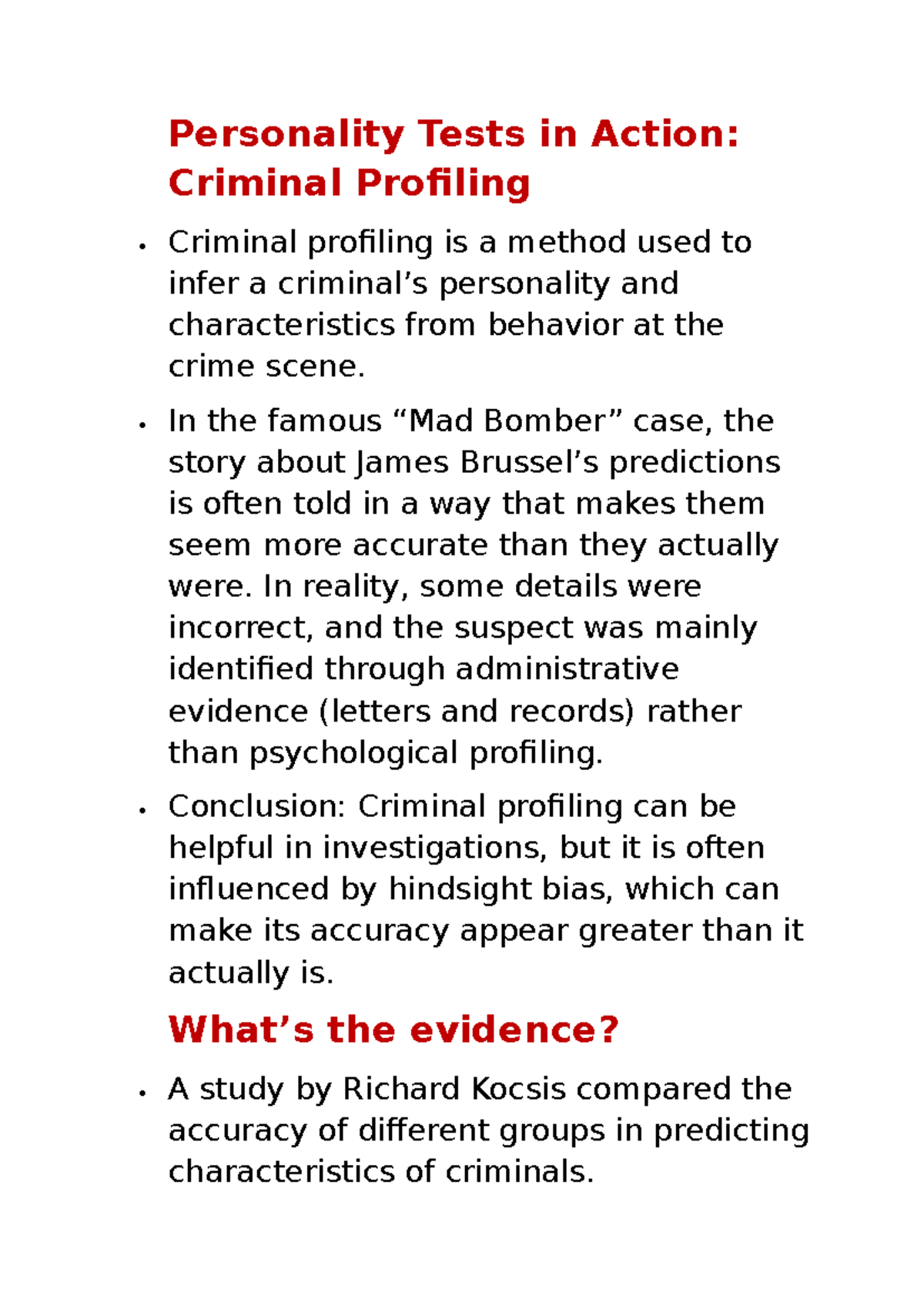 TLH - Personality Tests & Criminal Profiling Insights - Studocu