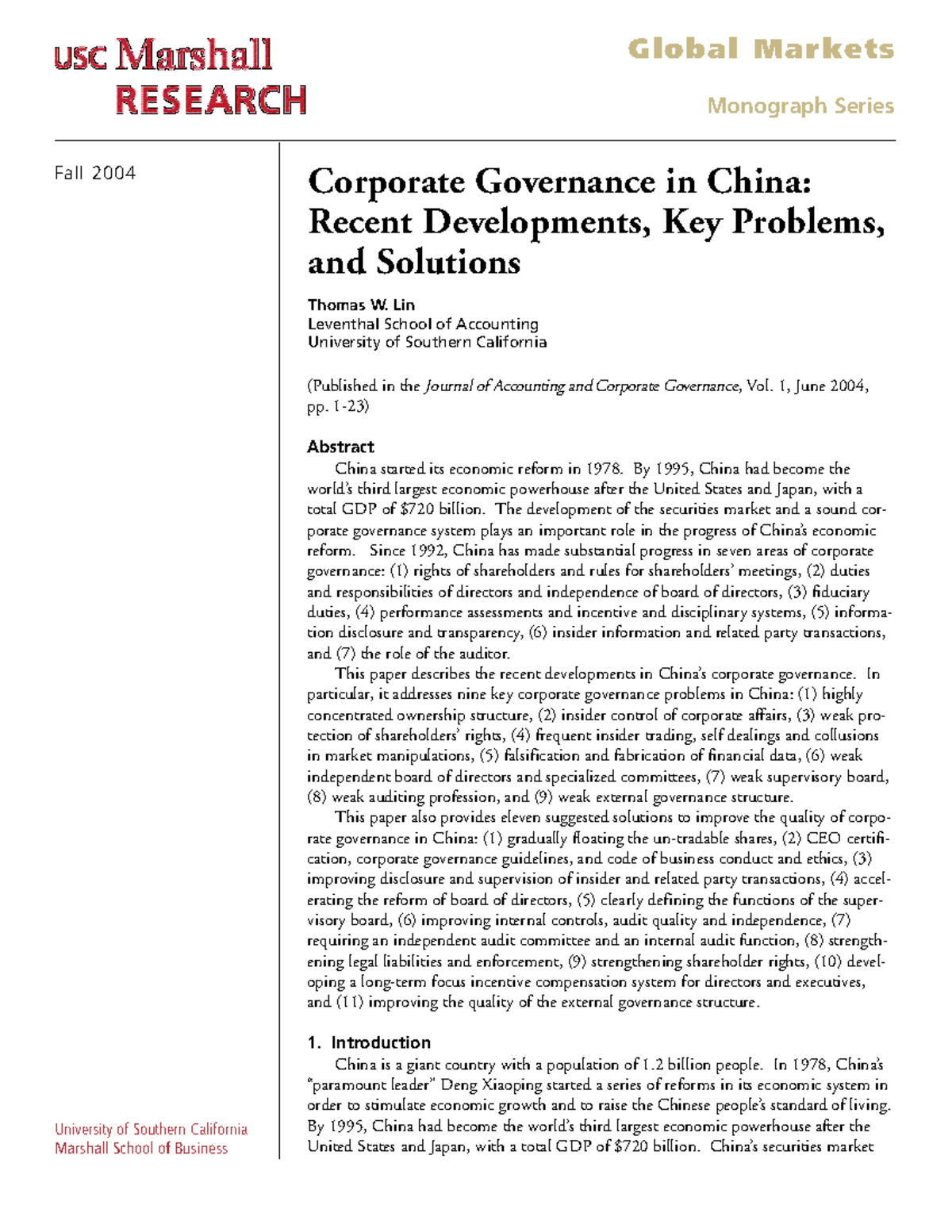 Corporate Governance in China: Key Issues & Solutions (USC MARSHALL ...