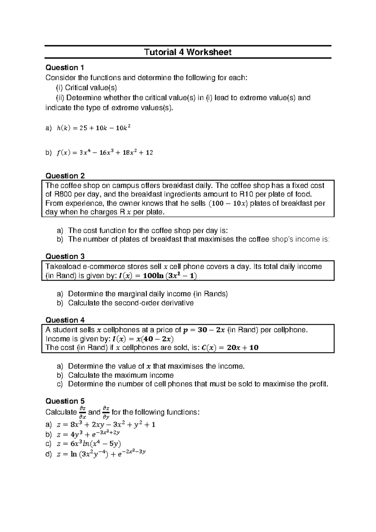 STK 133 Tutorial 4 Worksheet: Critical Values & Income Maximization ...