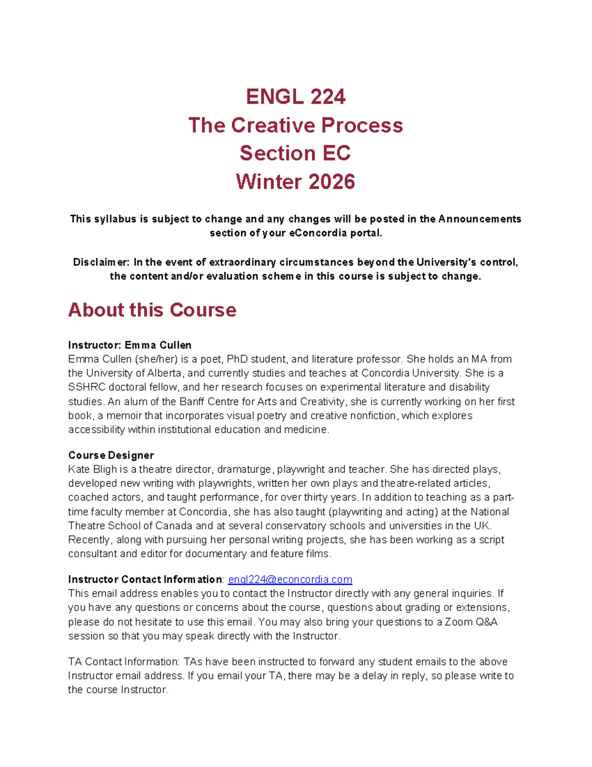 ENGL 224 Creative Process Syllabus - Winter 2026 - Studocu