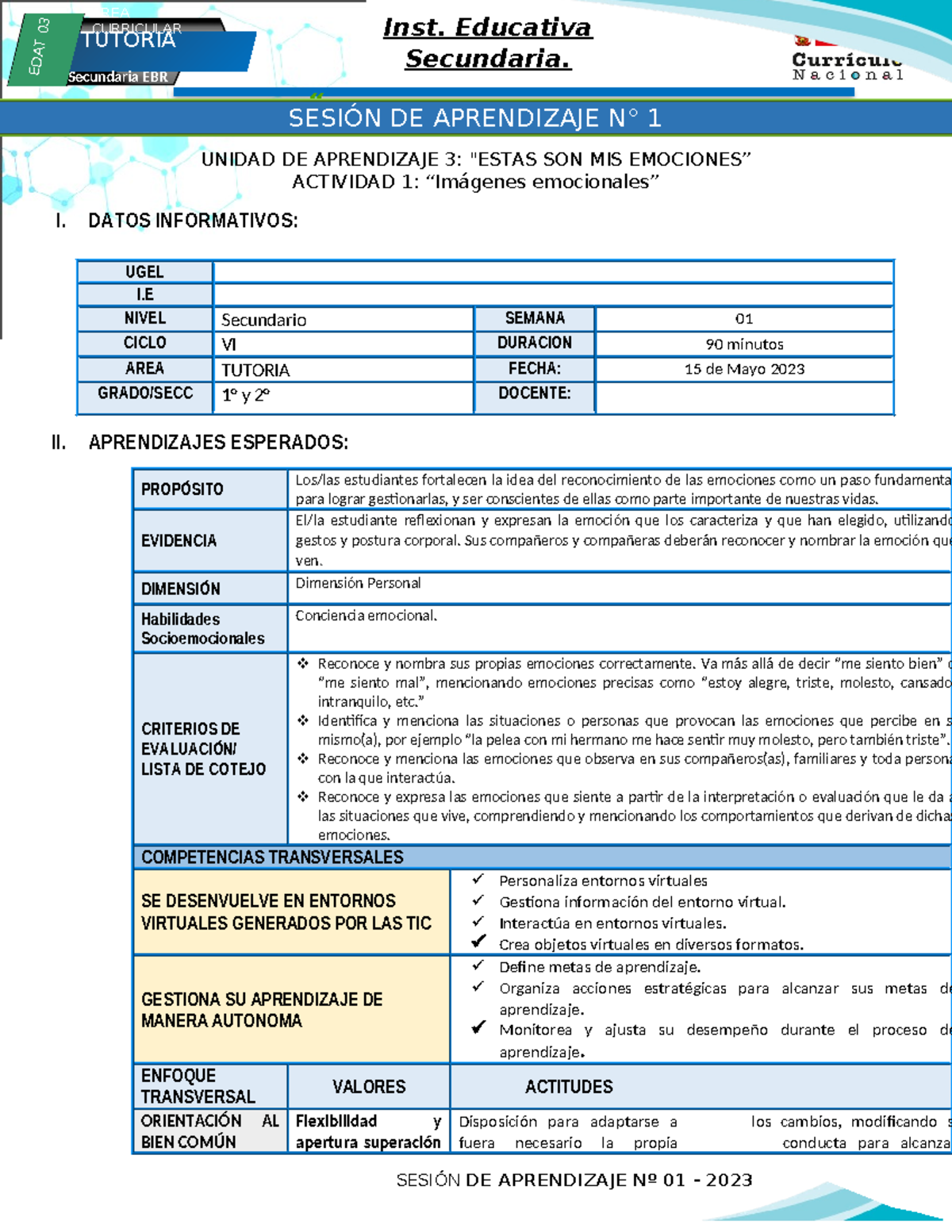Tutoria EDAT 03: Sesión de Aprendizaje N° 1 - Reconociendo Emociones - Document Preview