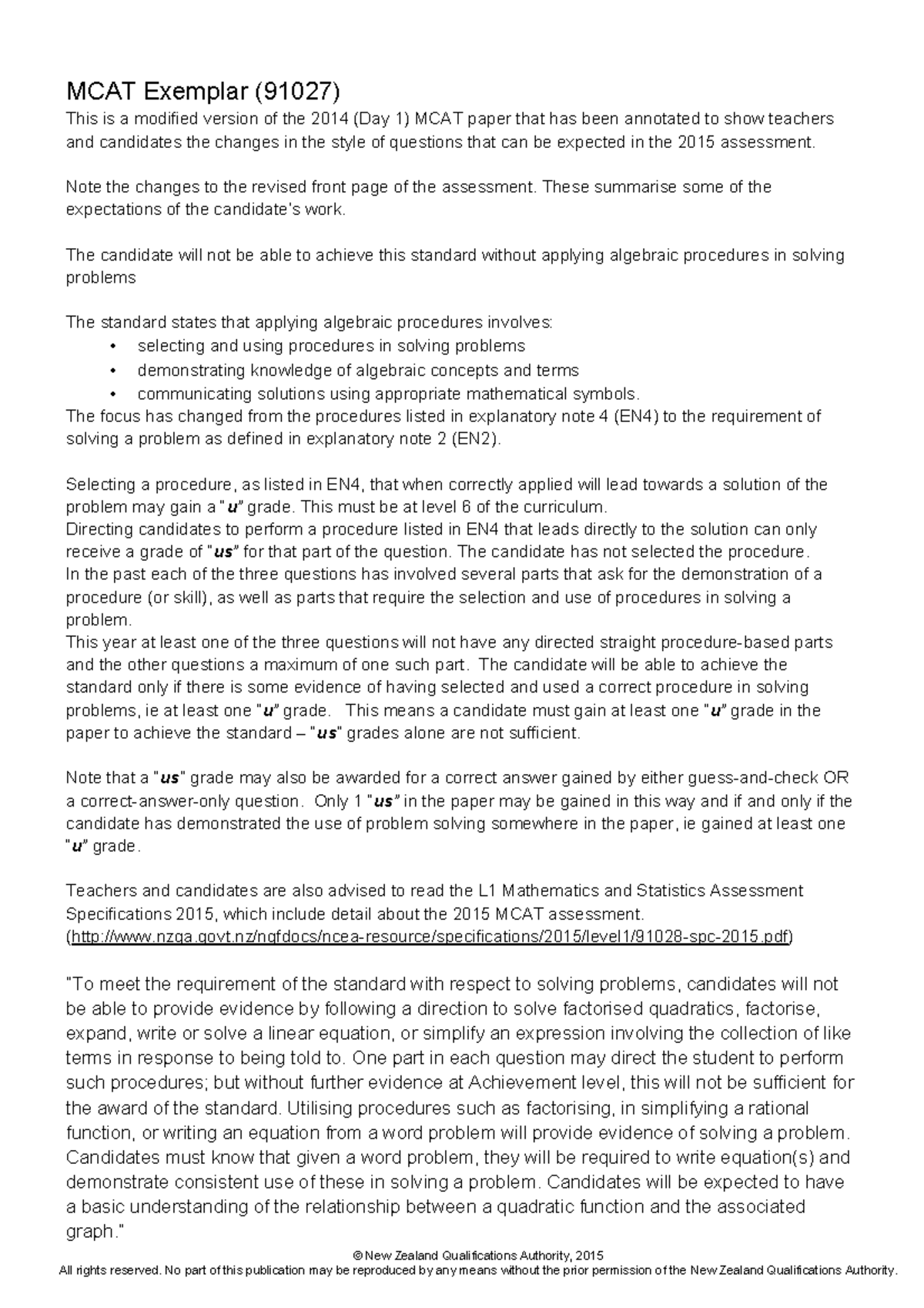 2015 MCAT Exemplar (91027) - Algebraic Problem Solving Strategies - Studocu