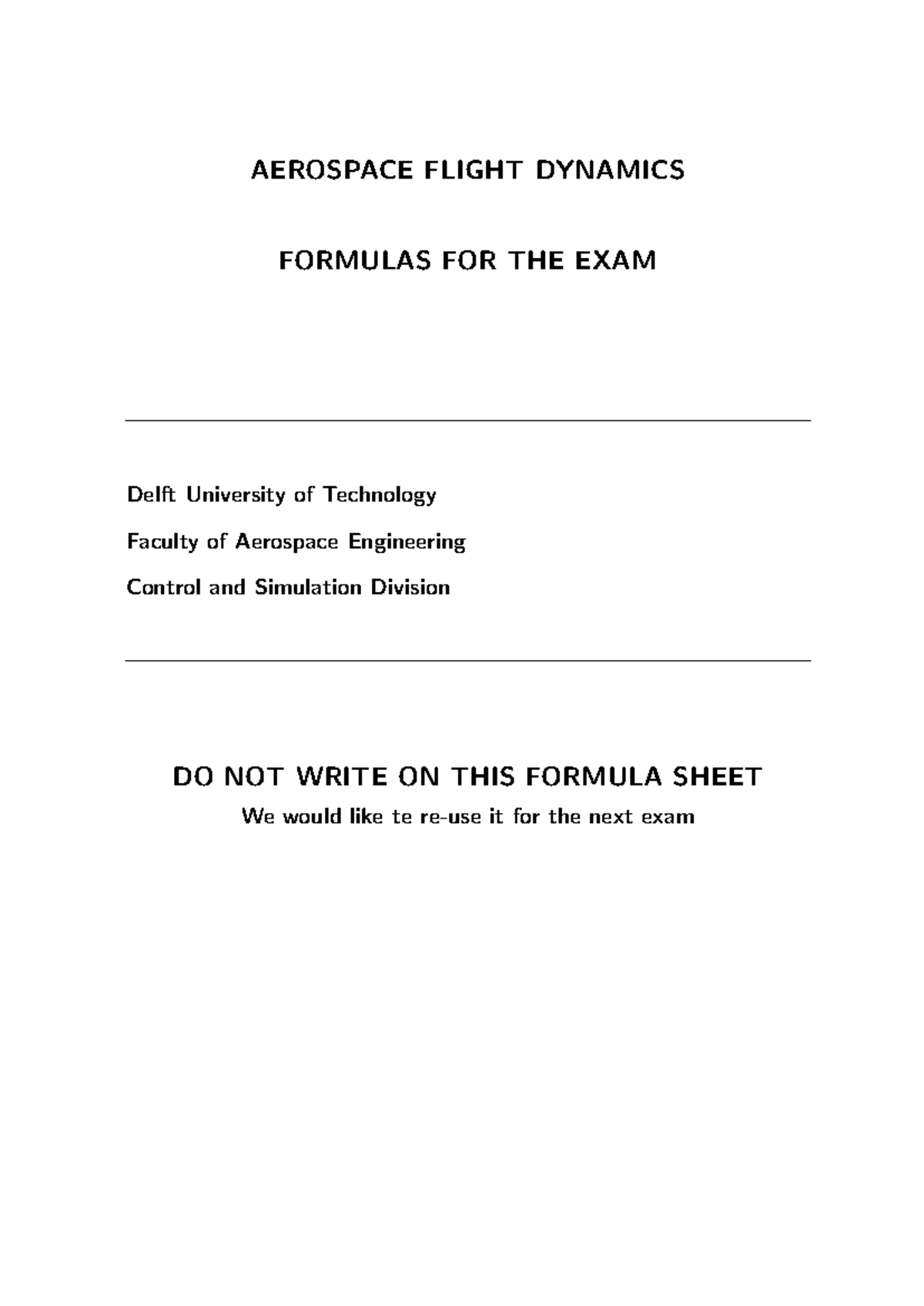 AEROSPACE 3D08 Exam Formula Sheet for Flight Dynamics - Studeersnel