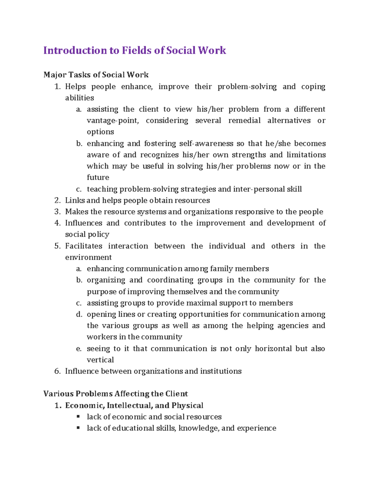 Introduction to Fields of Social Work - Helps people enhance, improve ...
