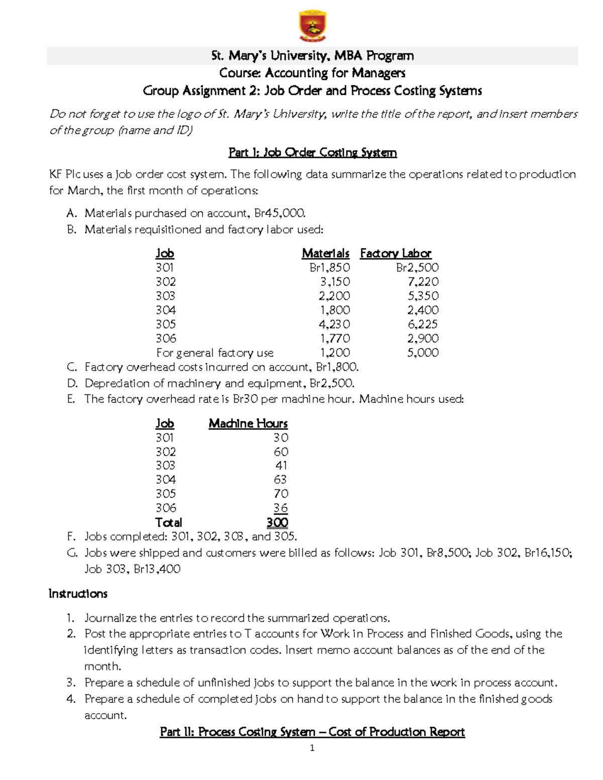 Accounting for Managers Assignment 2 - 1 St. Mary’s University, MBA ...