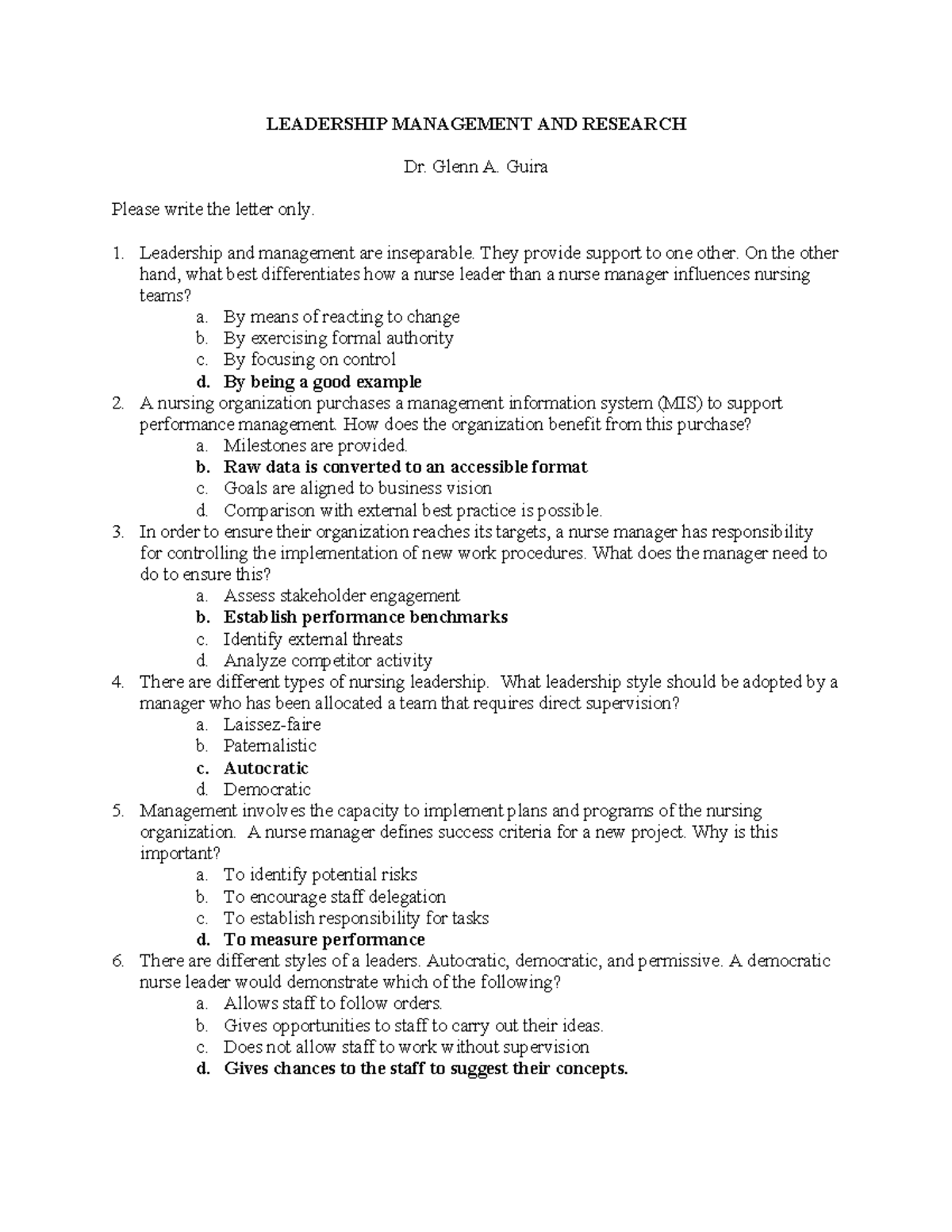 Leadership Management and Research Posttest 2021 - Studocu