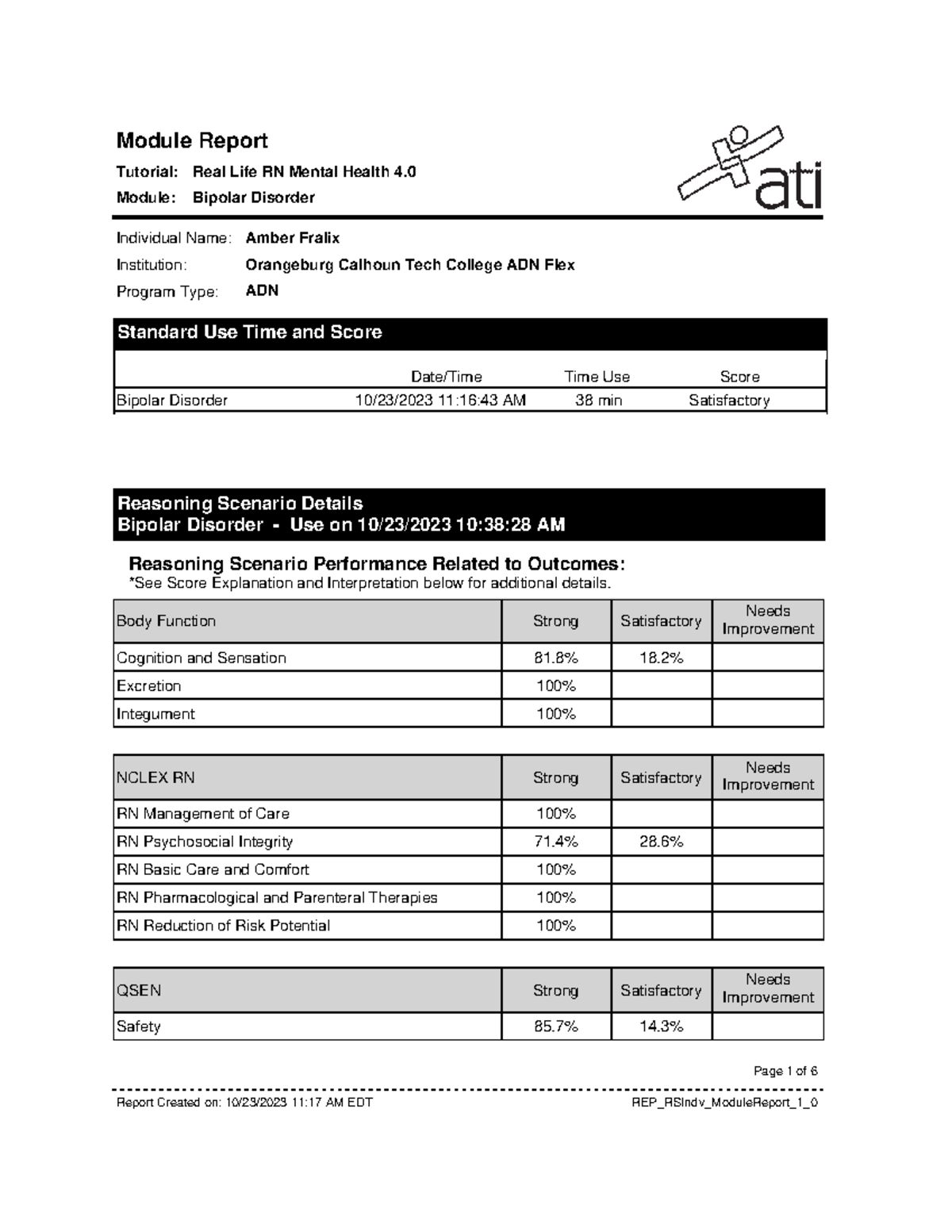 ATI Real Life RN - Bipolar Disorder Q&A Report & Score Analysis - Studocu