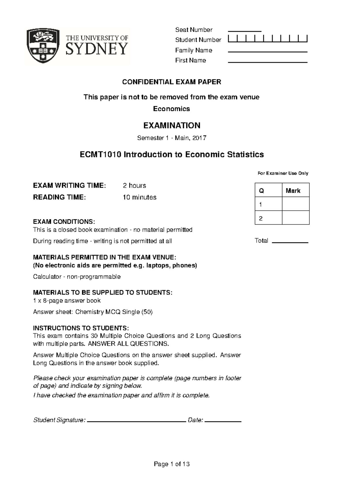 Sample/practice exam 20 June 2017, questions - Seat Number Student ...
