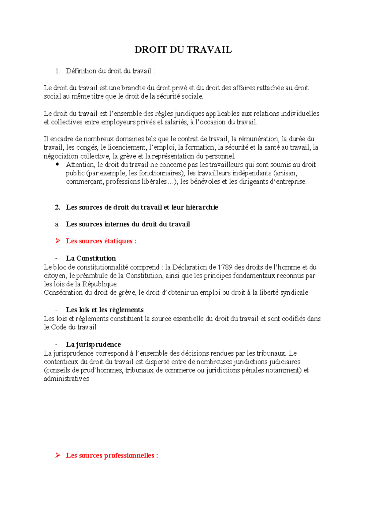 DROIT DU TRAVAIL 1 : Introduction et Sources Juridiques - Studocu