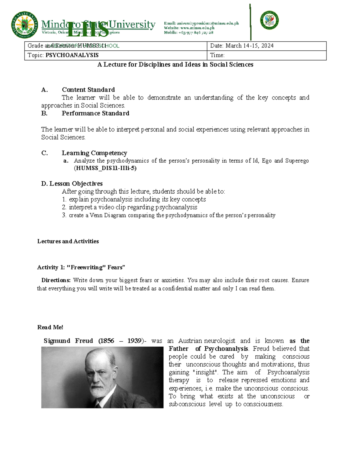 Psychoanalysis Lecture & Activities Overview (HUMSS_DIS11-IIIi-5) - Studocu