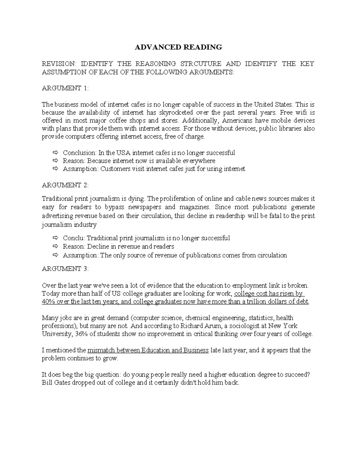 BT Advanced ENG: Analyzing Reasoning Structures & Key Assumptions - Studocu