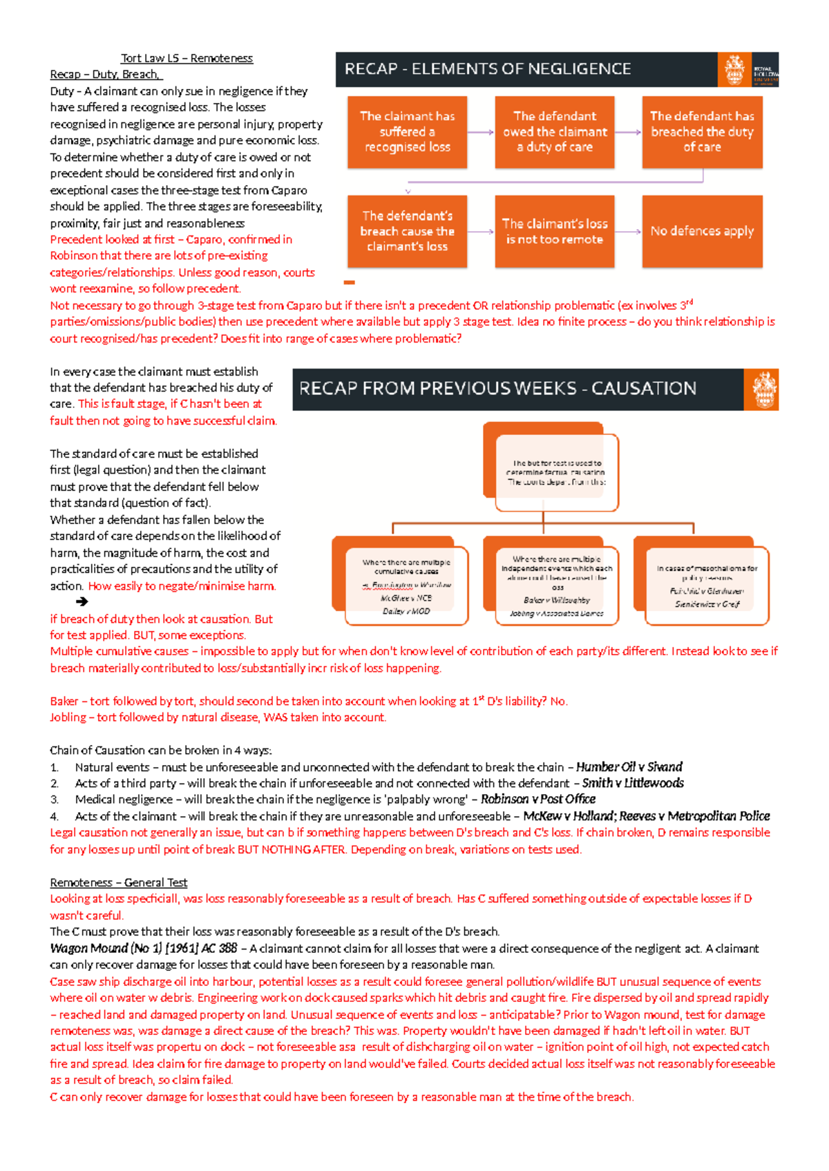 Tort Law L5 – Notes on Remoteness and Duty of Care Principles - Studocu