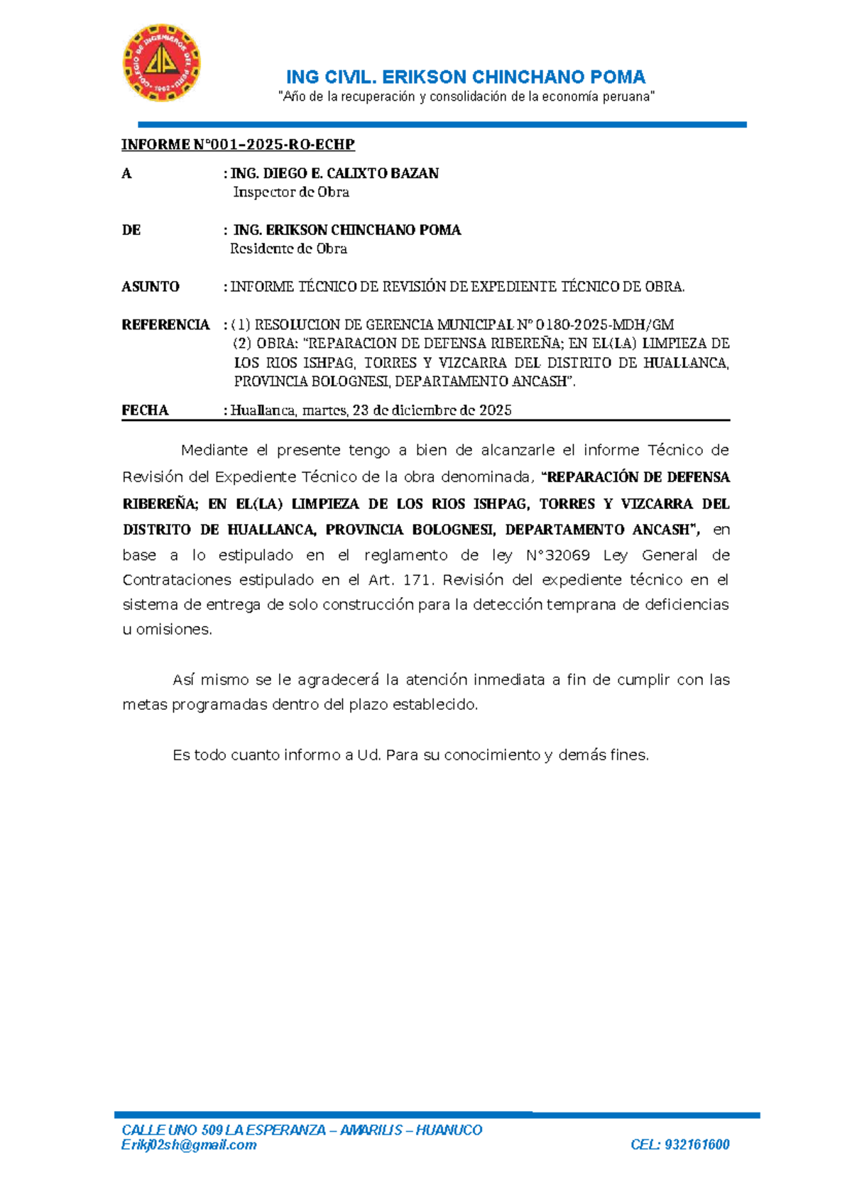 Informe Técnico de Revisión del Expediente de Obra - ING CIVIL - Document Preview