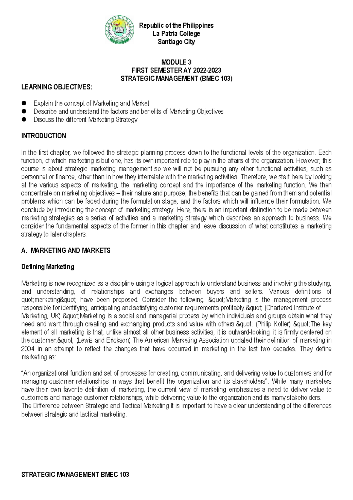 BMEC 103 Strategic Management Module 3: Marketing Concepts and ...