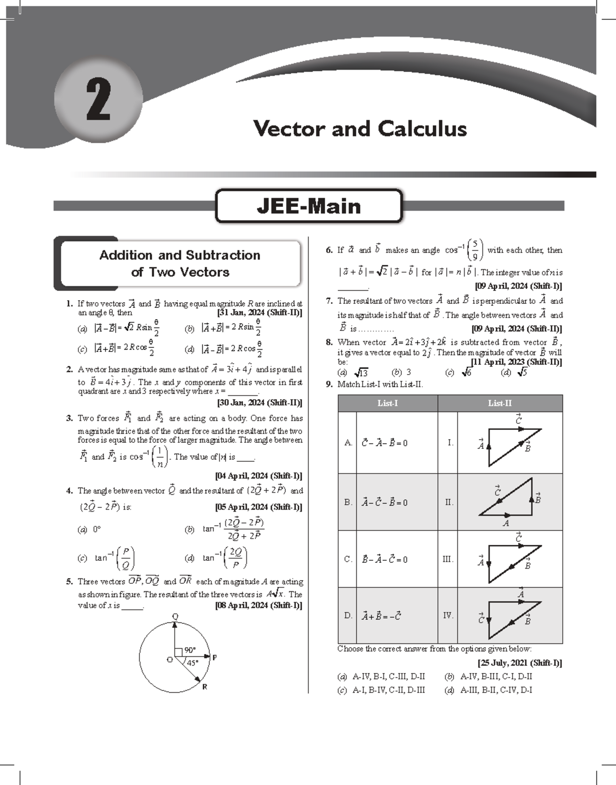 JEE-Mains Physics: Vector & Calculus - Past Year Questions - Studocu