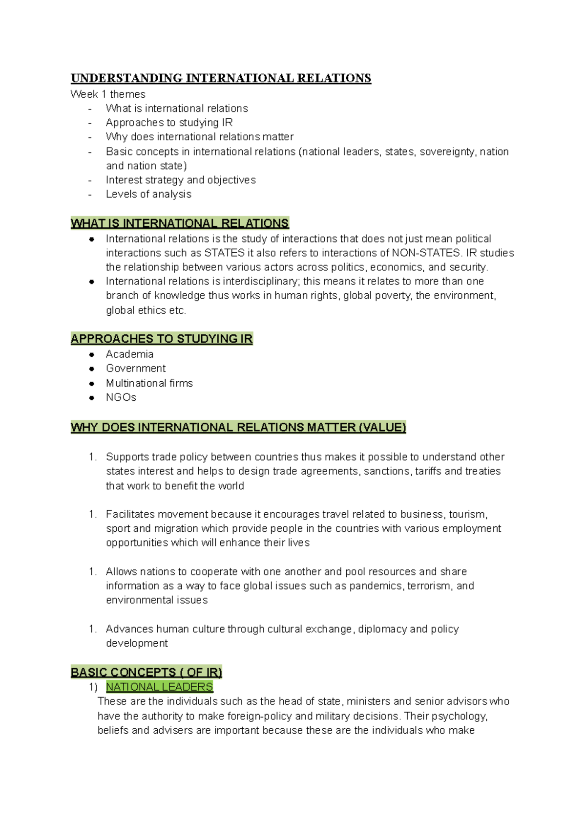 POL1005S Week 1-5 Notes: Understanding International Relations - Studocu