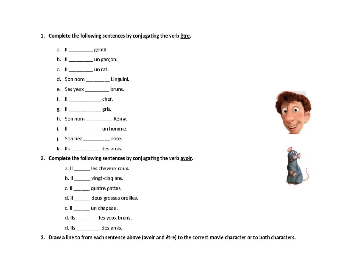 RAT 101: Ratatouille - Conjugation of Avoir and Être Exercises - Studocu