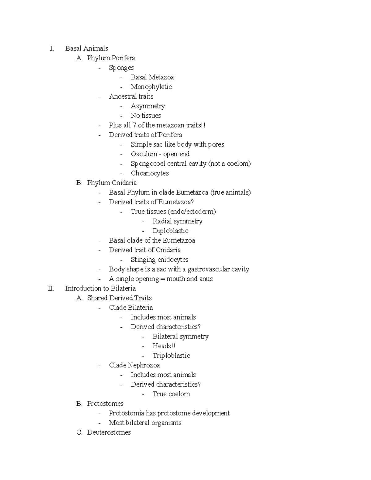 Gen Bio II Notes - Lecture VI Animal Diversity II - I. Basal Animals A ...