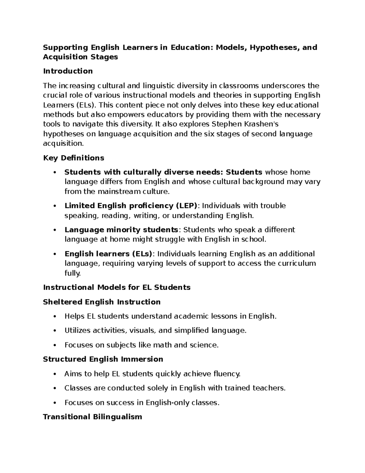 Supporting English Learners in Education Models Hypotheses and ...